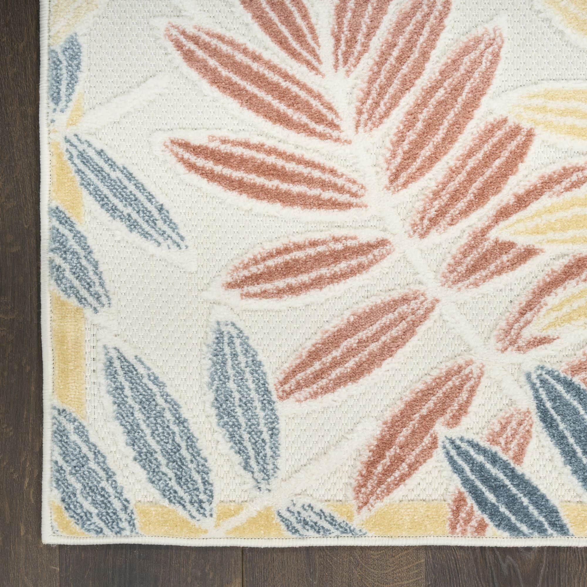 Ivory Blue Tropical Leaf Indoor/Outdoor Patio Rug
