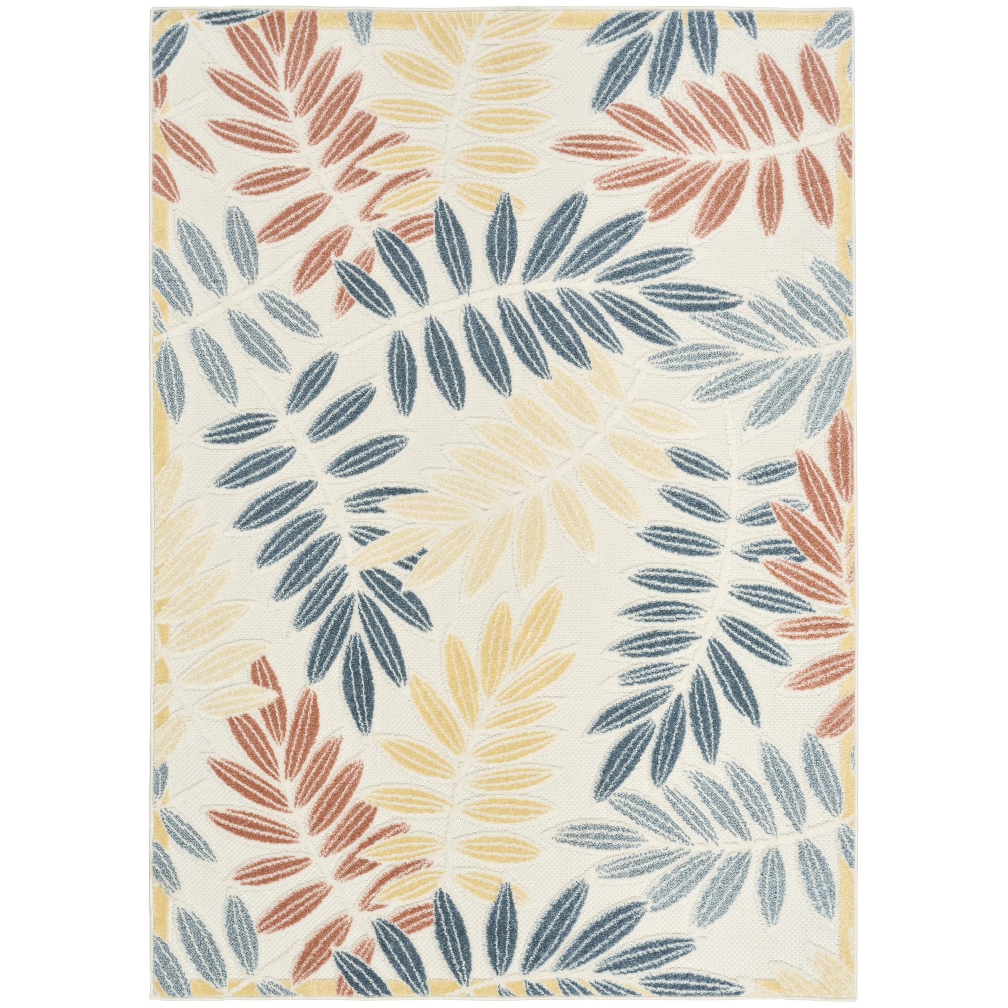 Ivory Blue Tropical Leaf Indoor/Outdoor Patio Rug