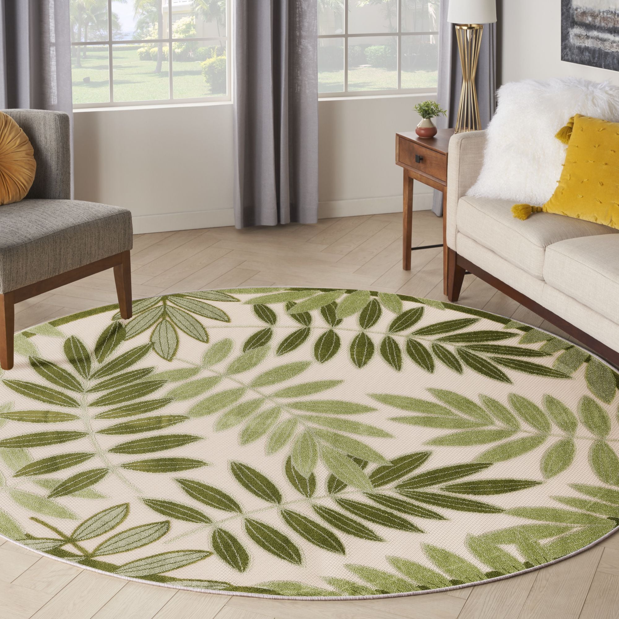 Ivory Green Tropical Leaf Indoor/Outdoor Patio Rug