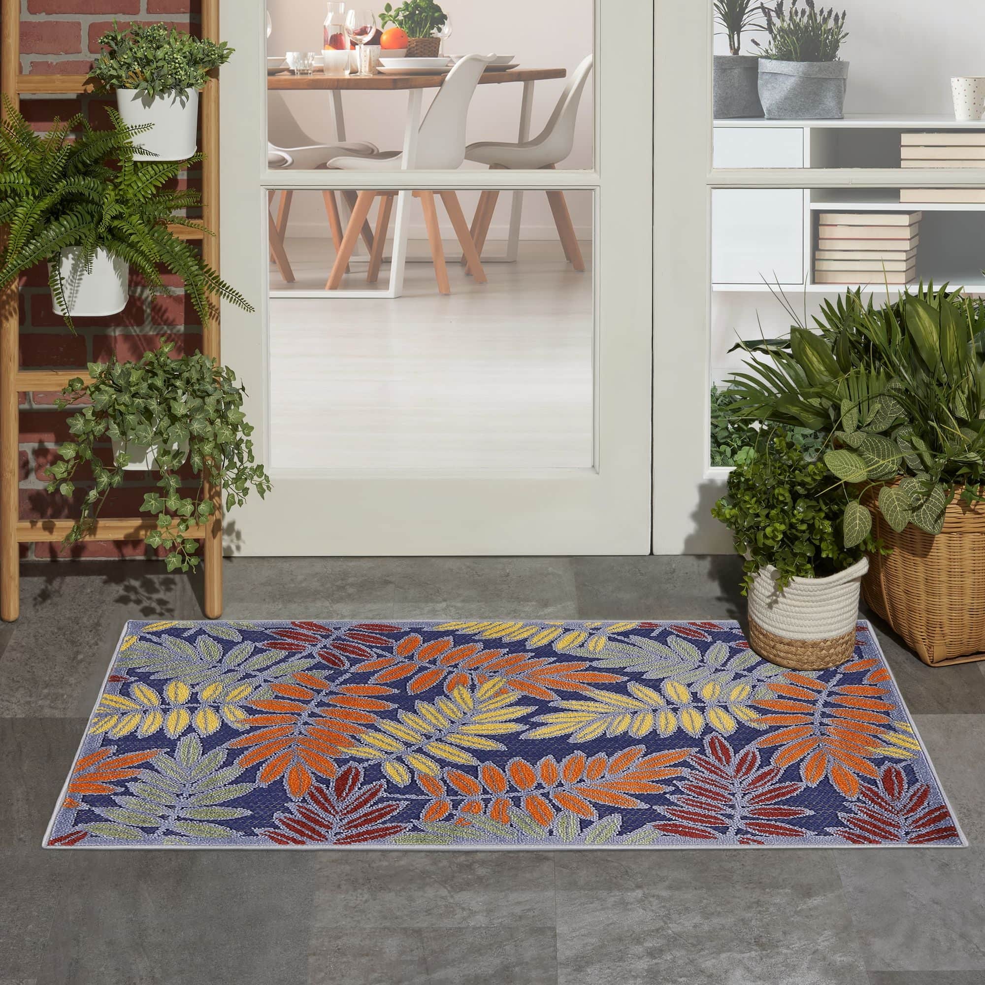Navy Multicolor Tropical Leaf Indoor/Outdoor Patio Rug