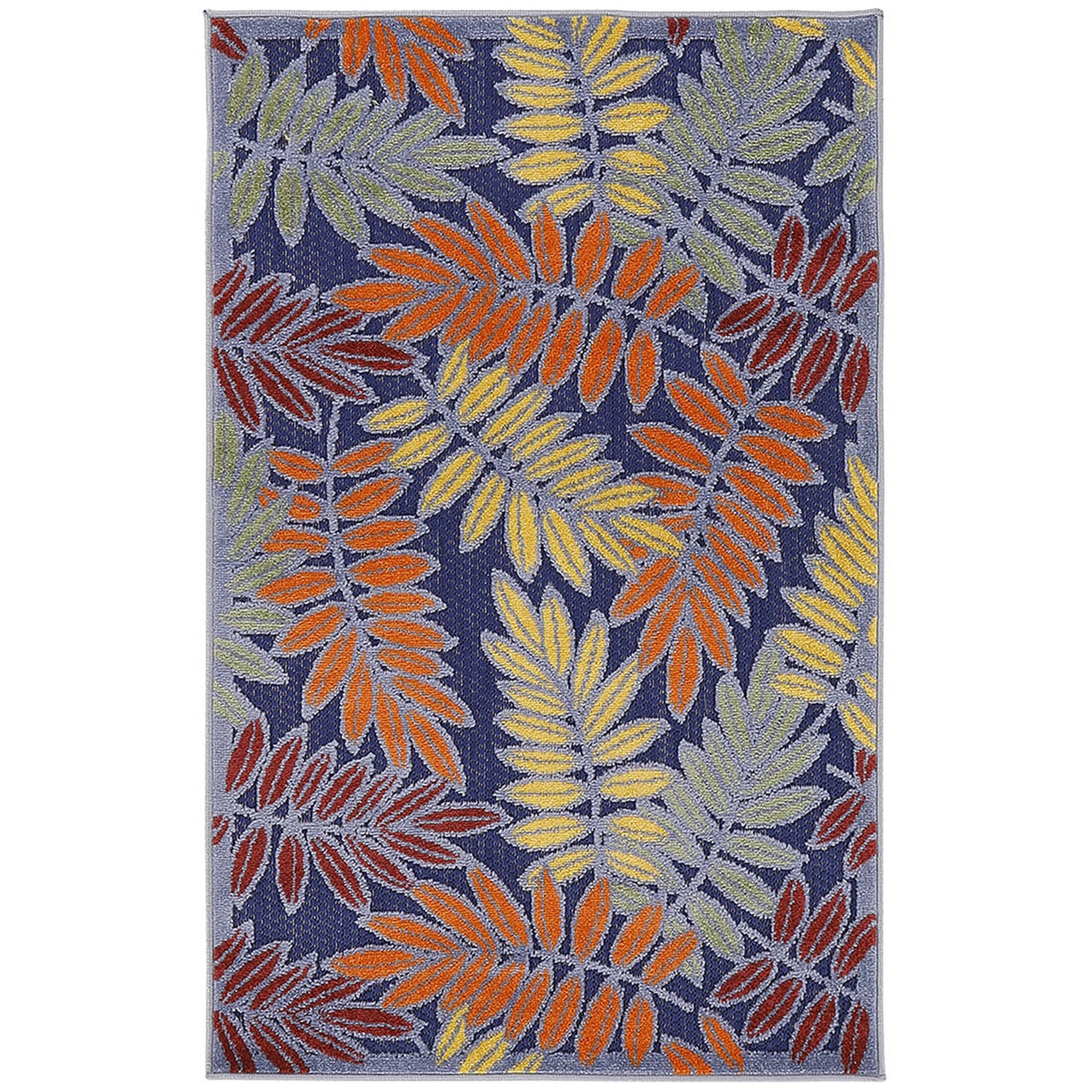 Navy Multicolor Tropical Leaf Indoor/Outdoor Patio Rug