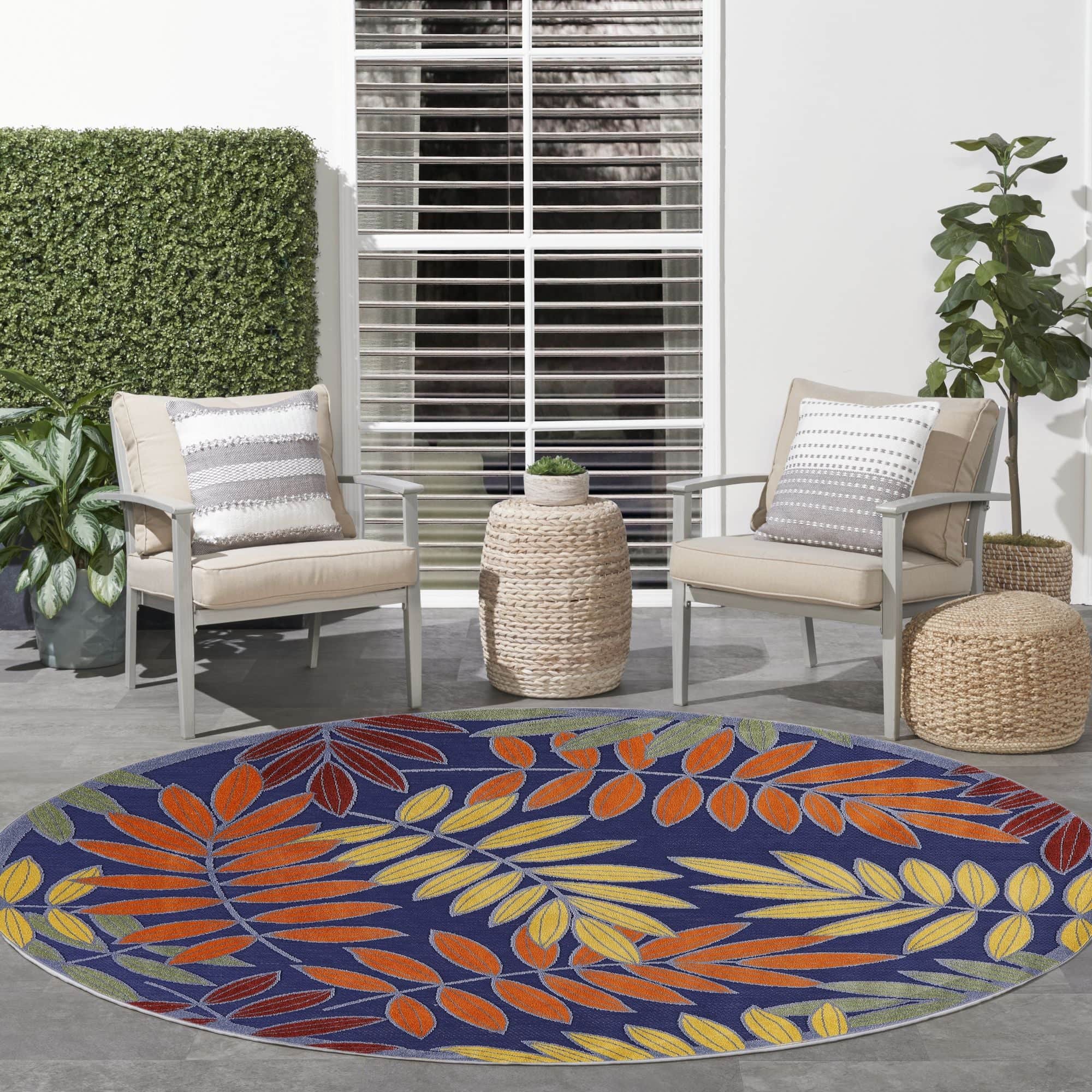 Navy Multicolor Tropical Leaf Indoor/Outdoor Patio Rug