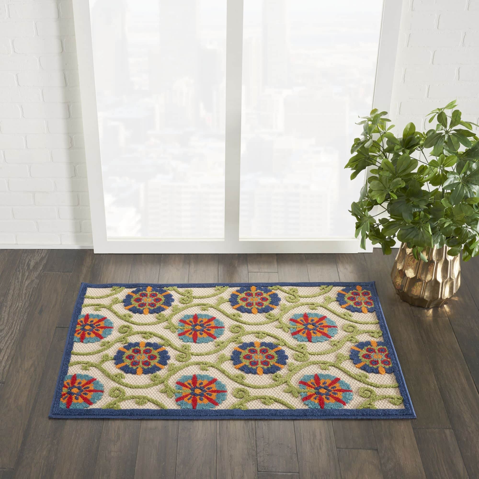 Blue Multicolor Contemporary Floral Indoor Outdoor Patio Rug