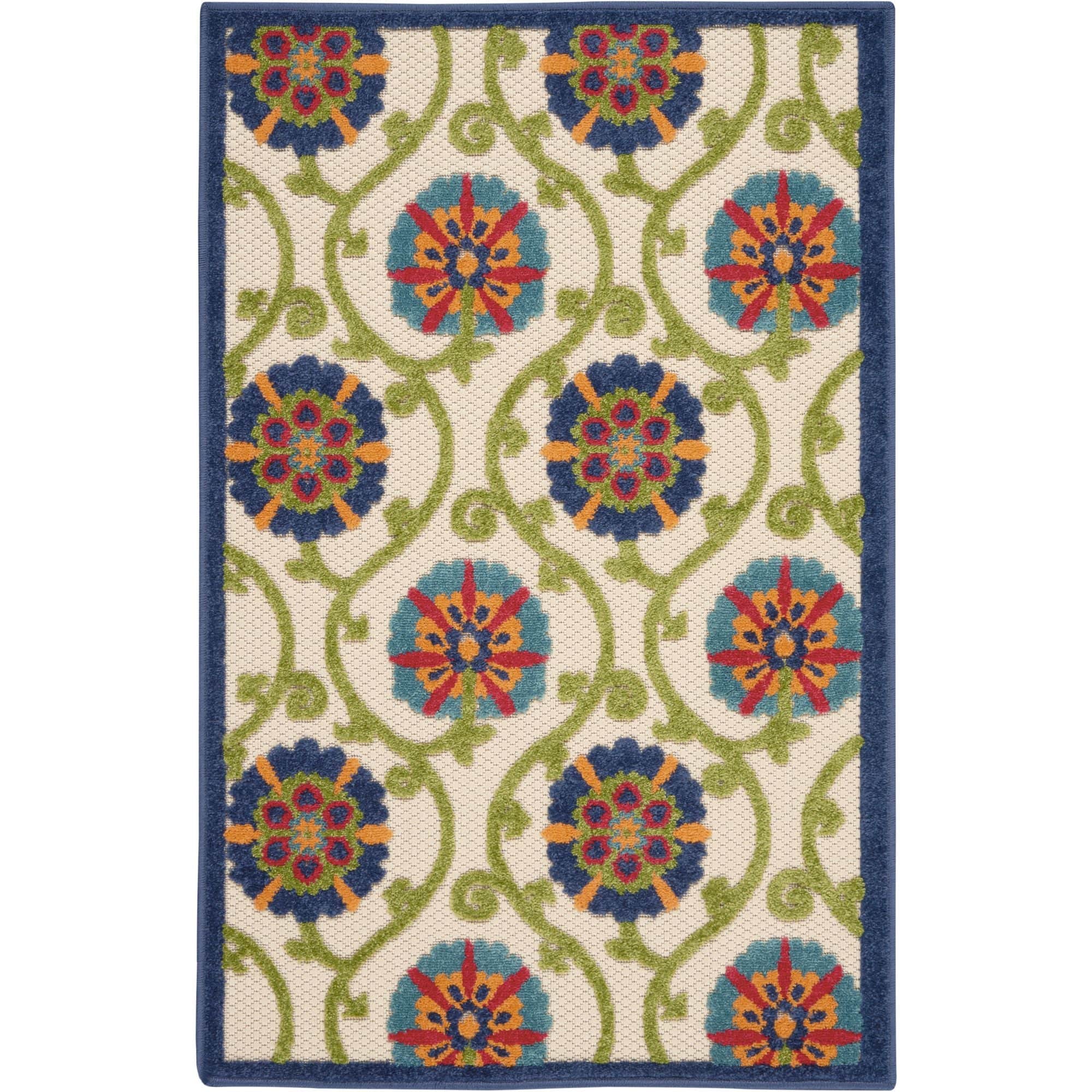 Blue Multicolor Contemporary Floral Indoor Outdoor Patio Rug