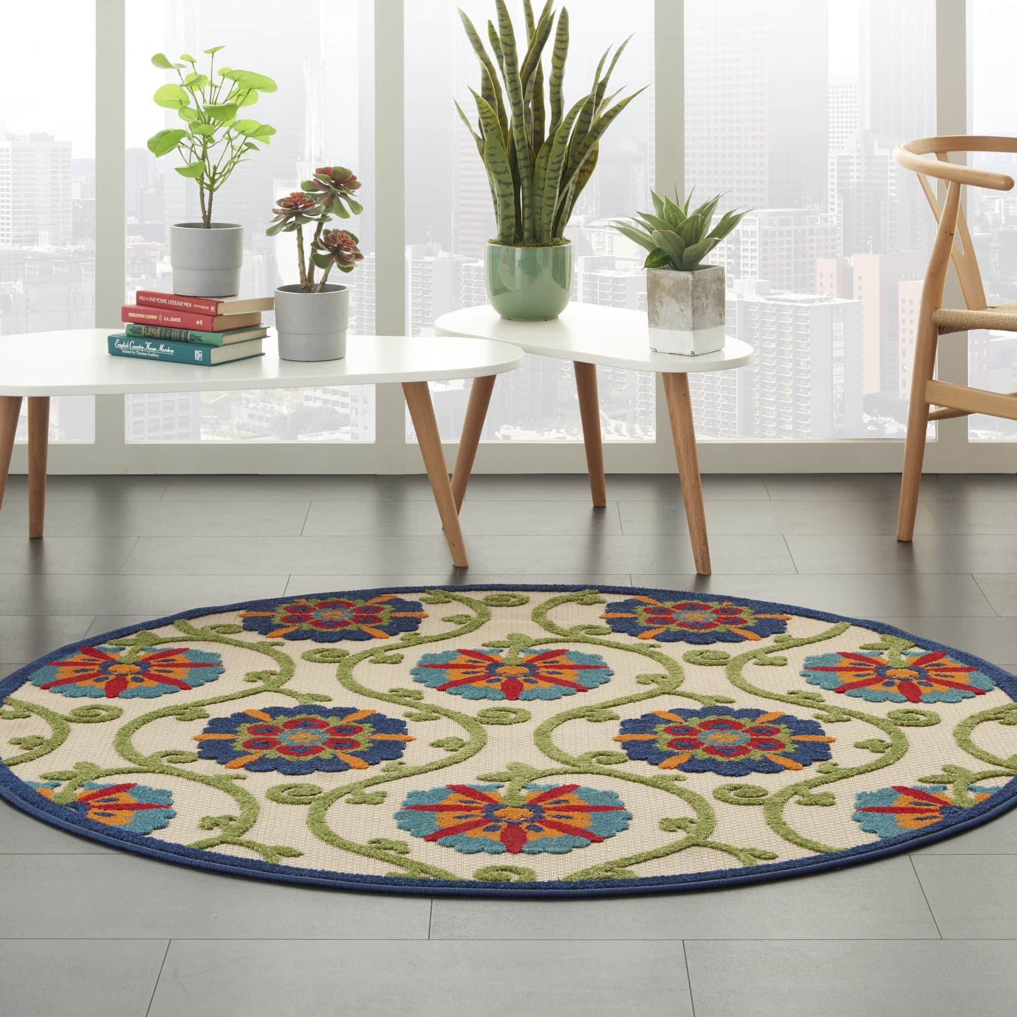 Blue Multicolor Contemporary Floral Indoor Outdoor Patio Rug