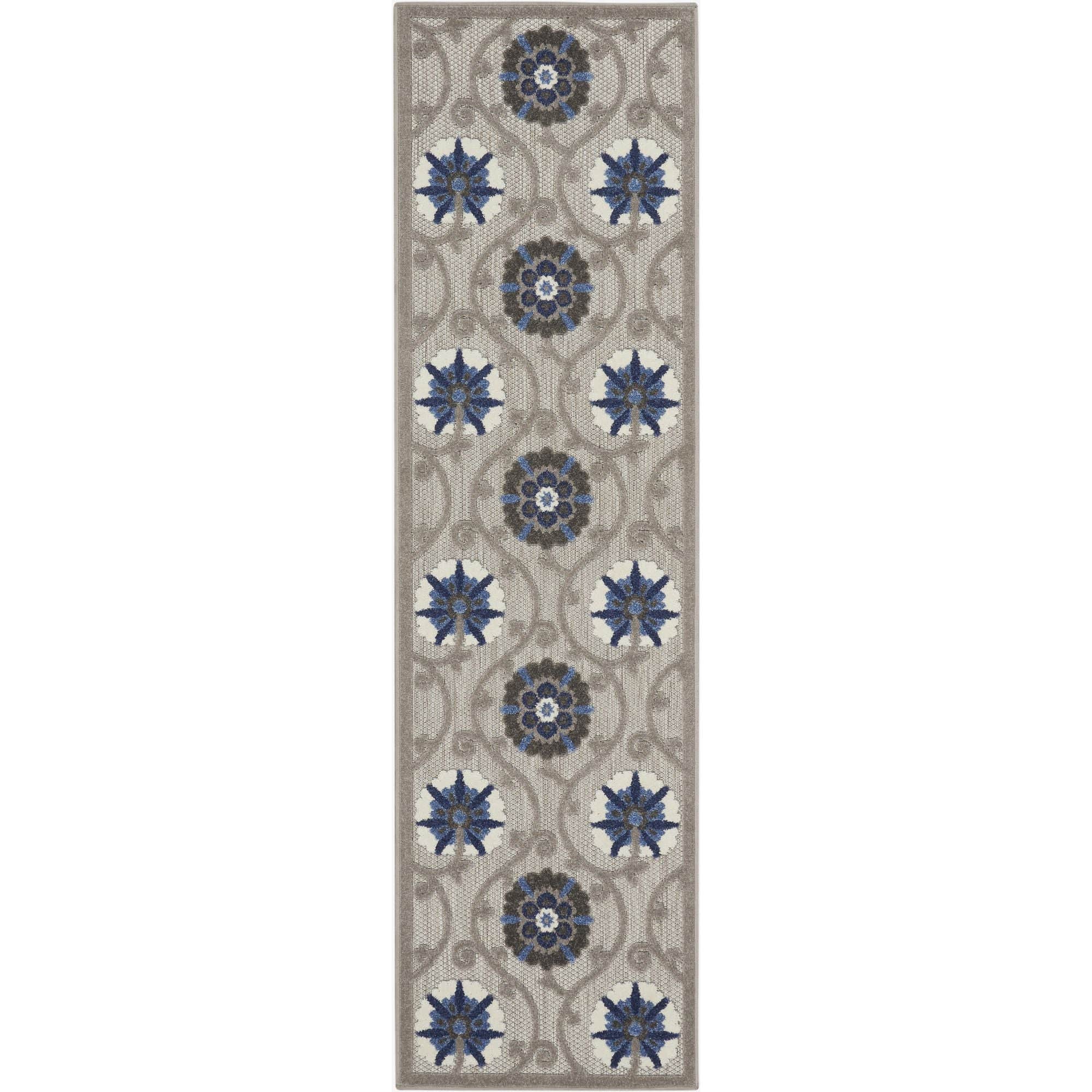 Grey Blue Contemporary Floral Indoor Outdoor Patio Rug