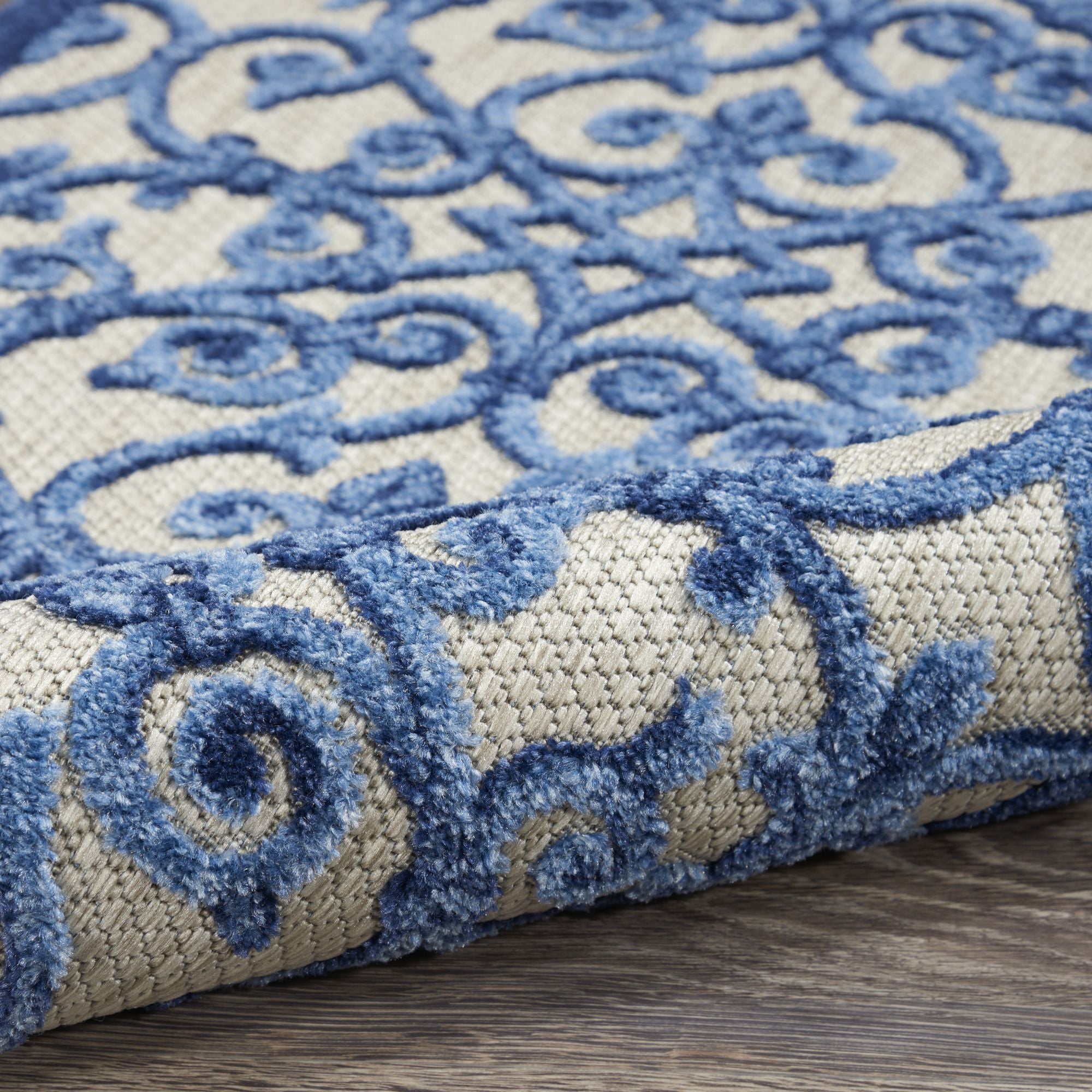Grey Blue Contemporary Floral Indoor-Outdoor Patio Rug