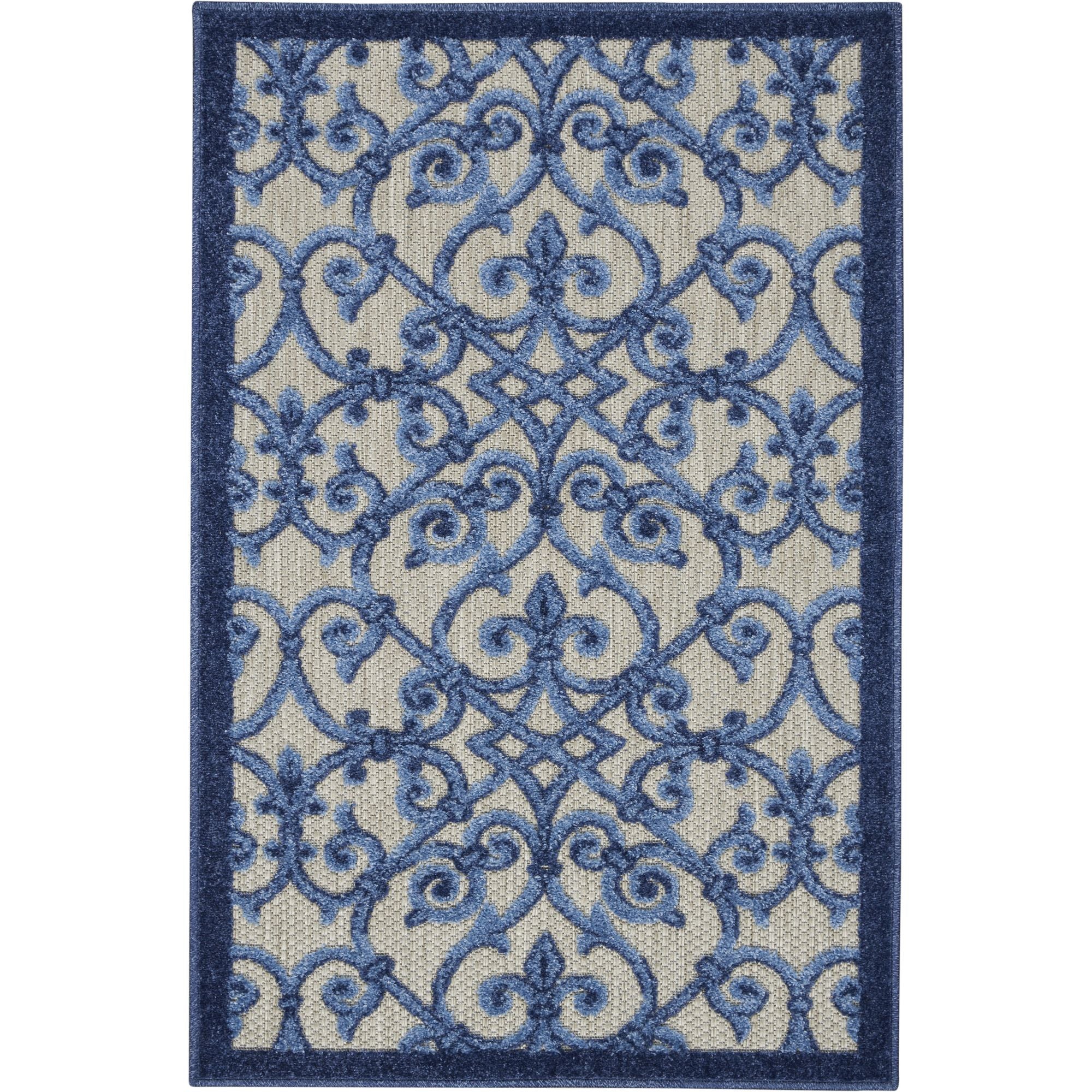 Grey Blue Contemporary Floral Indoor-Outdoor Patio Rug