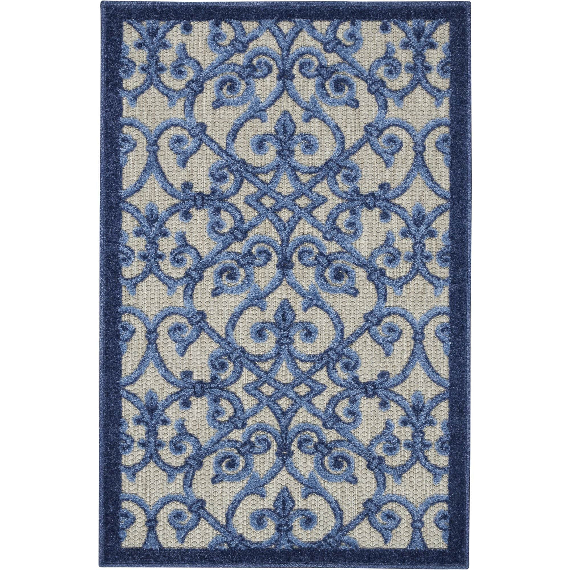 Grey Blue Contemporary Floral Indoor-Outdoor Patio Rug