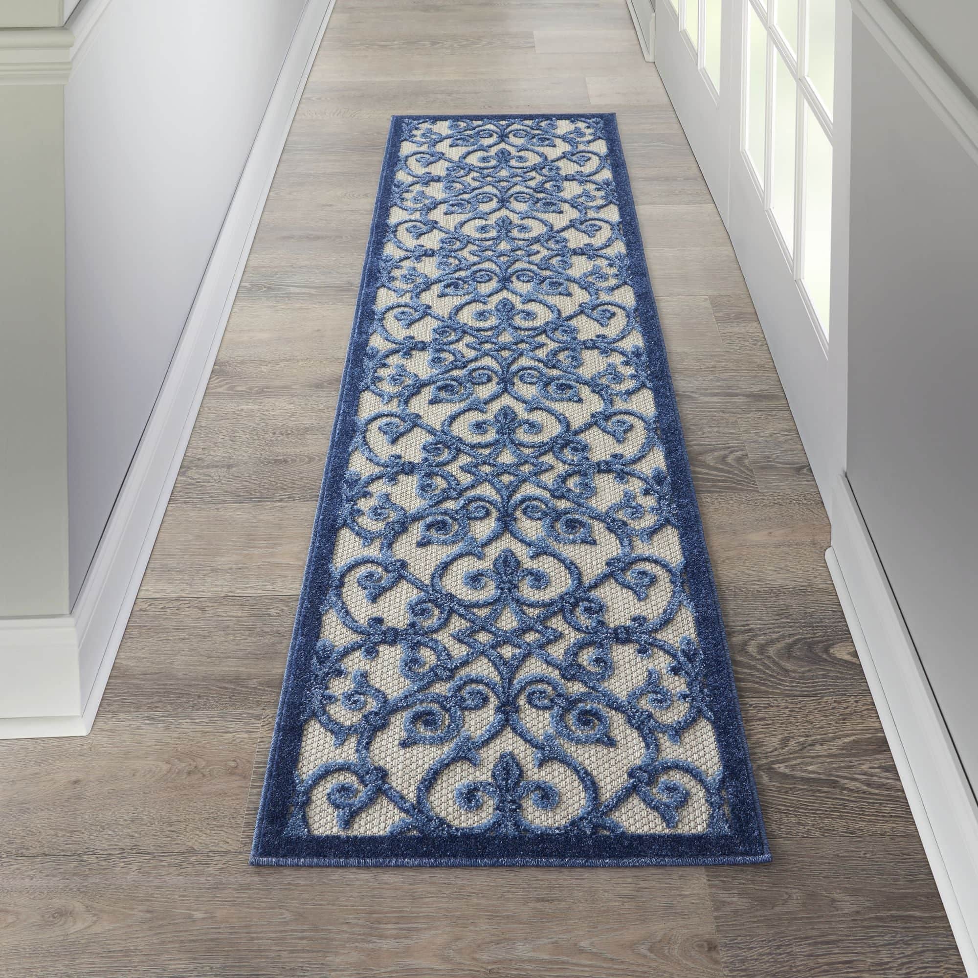 Grey Blue Contemporary Floral Indoor-Outdoor Patio Rug