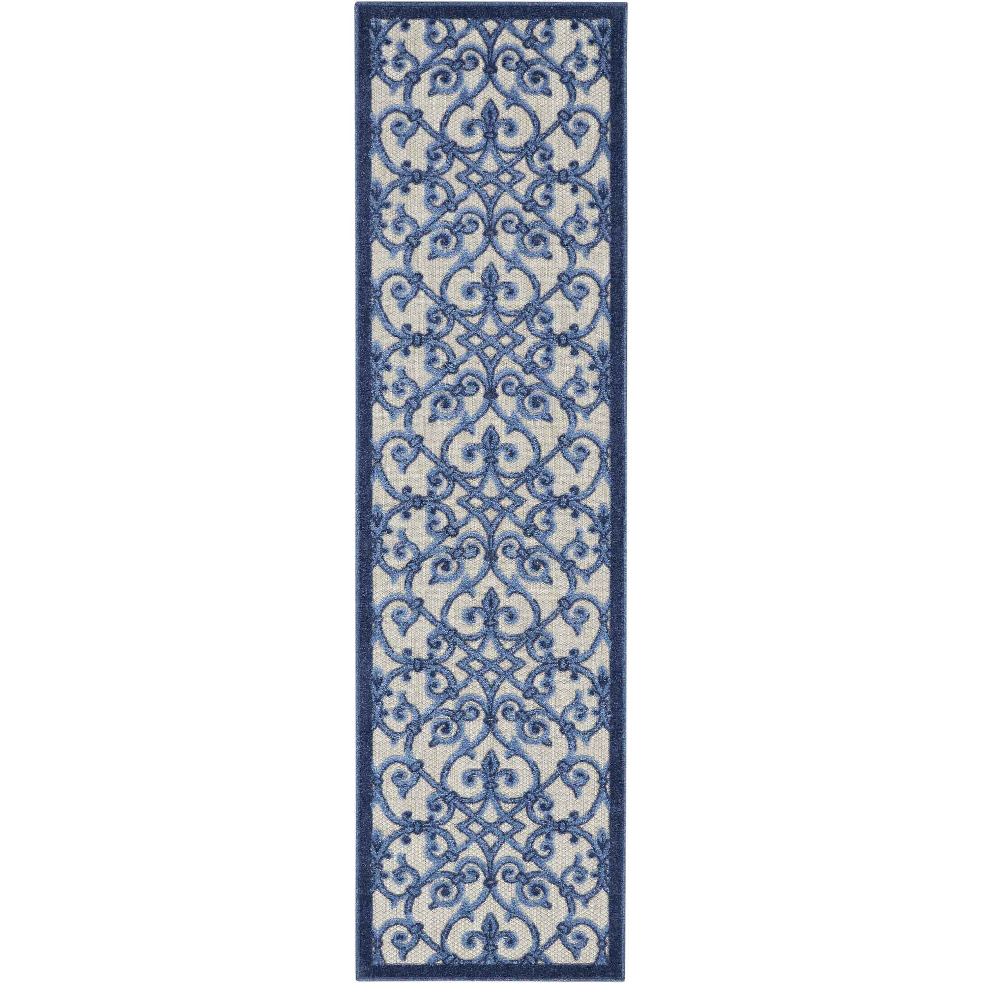 Grey Blue Contemporary Floral Indoor-Outdoor Patio Rug