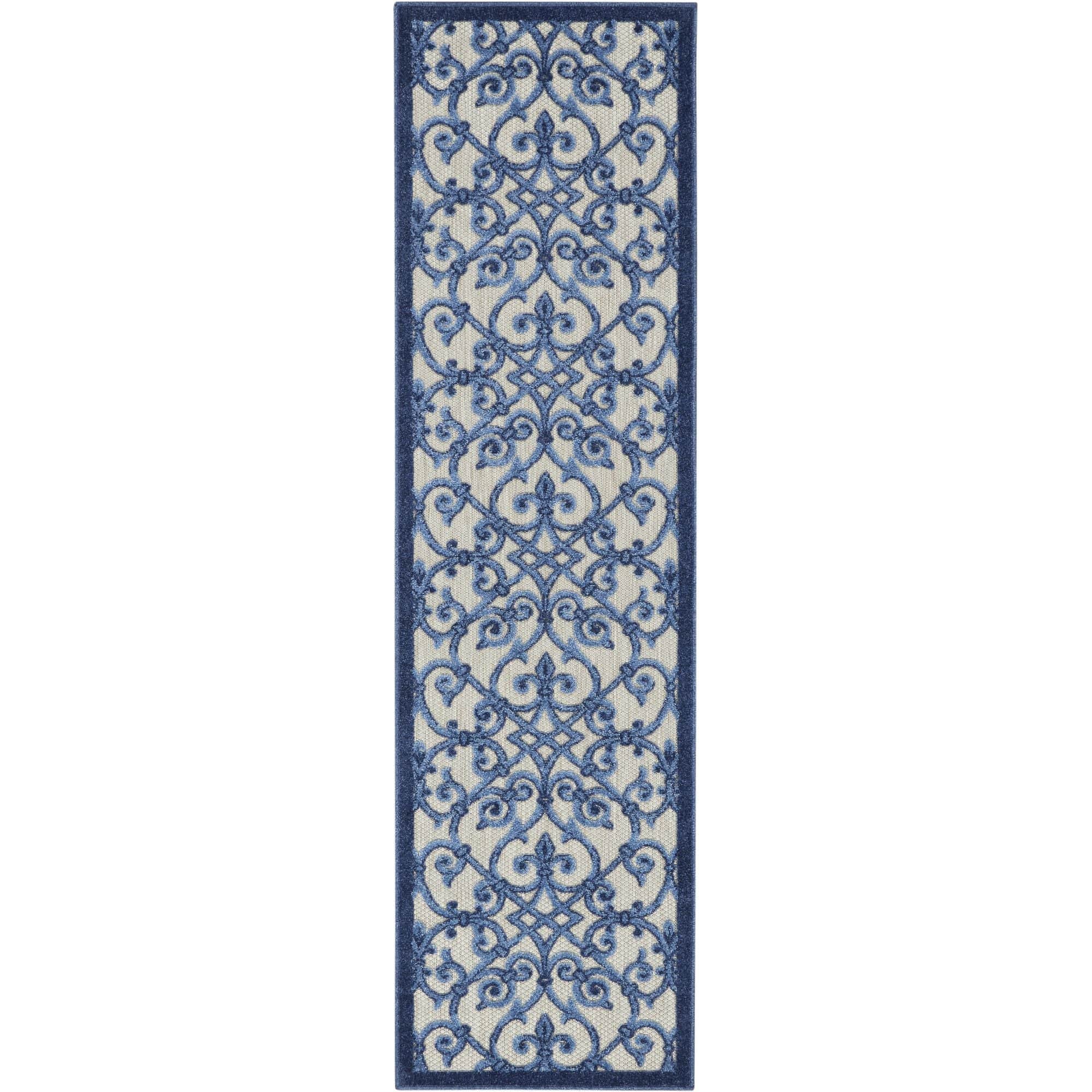 Grey Blue Contemporary Floral Indoor-Outdoor Patio Rug
