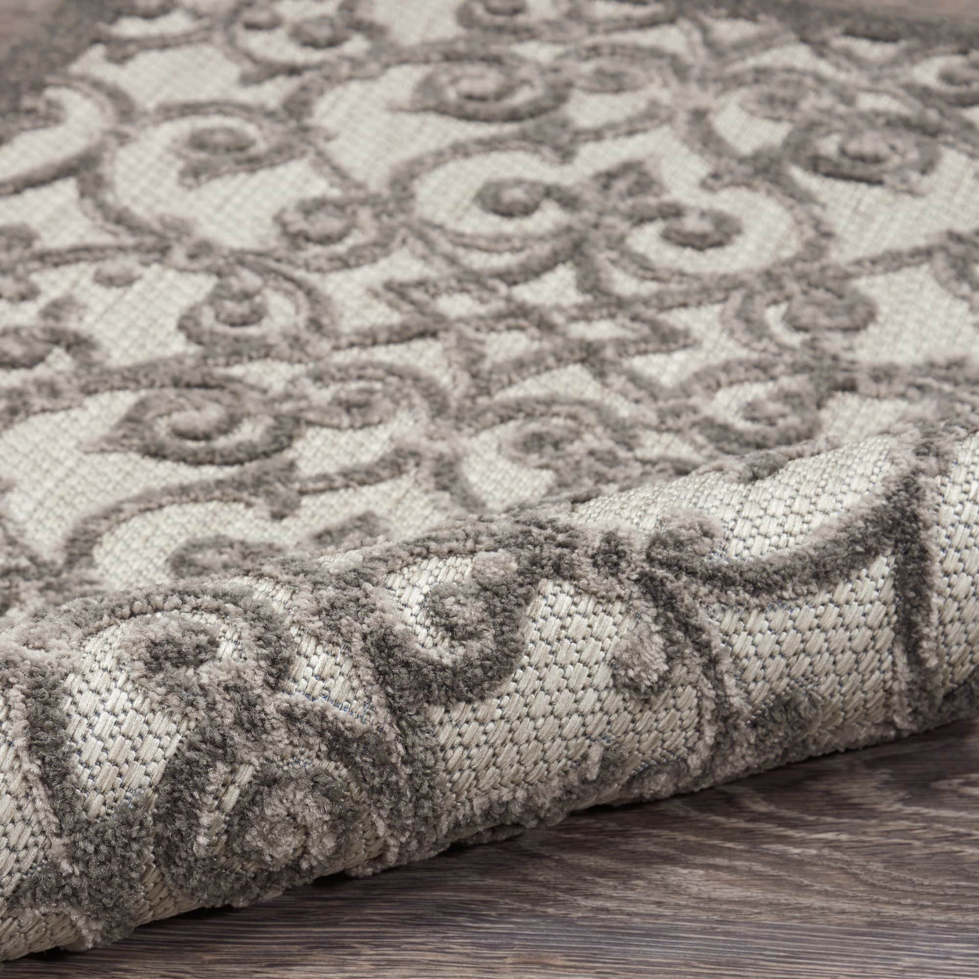 Grey Charcoal Contemporary Floral Indoor-Outdoor Patio Rug