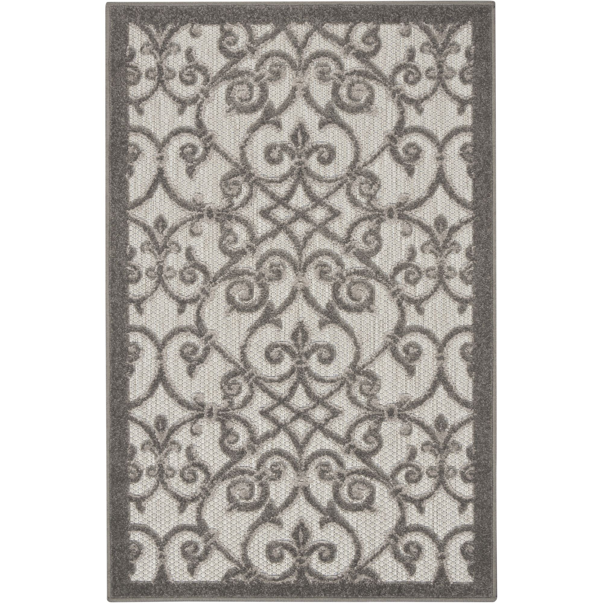 Grey Charcoal Contemporary Floral Indoor-Outdoor Patio Rug