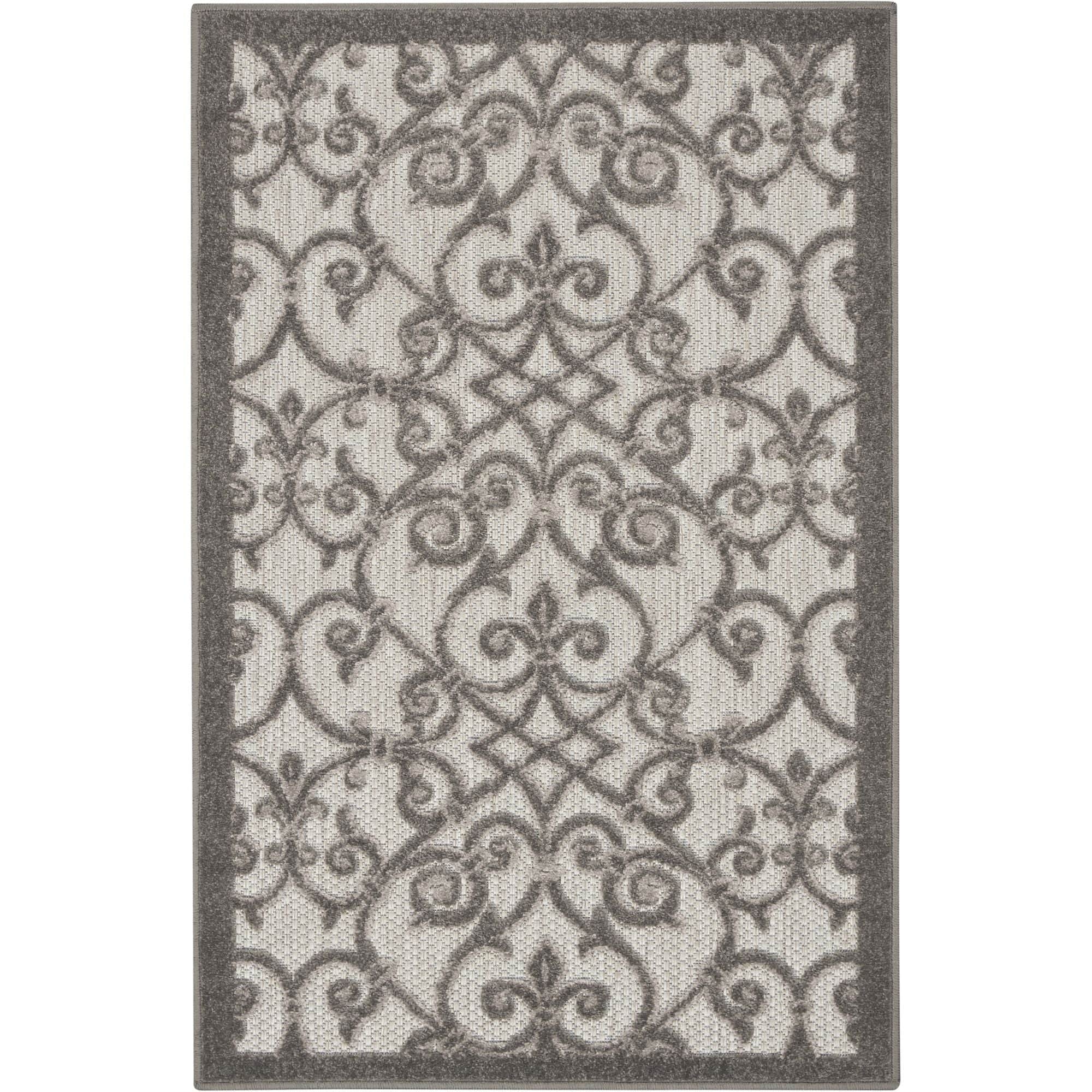 Grey Charcoal Contemporary Floral Indoor-Outdoor Patio Rug
