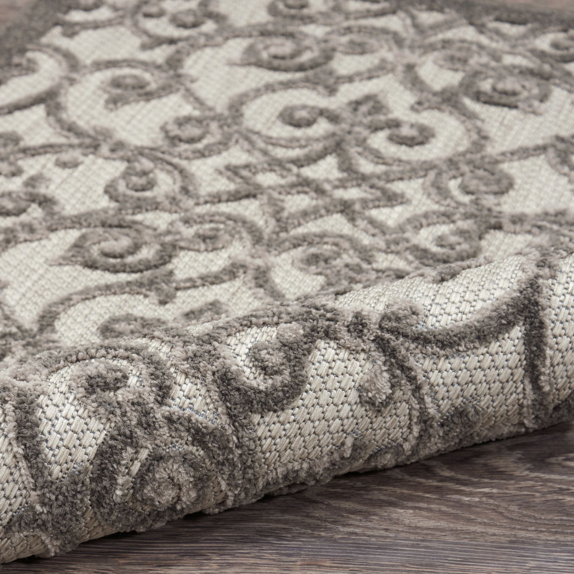 Grey Charcoal Contemporary Floral Indoor-Outdoor Patio Rug