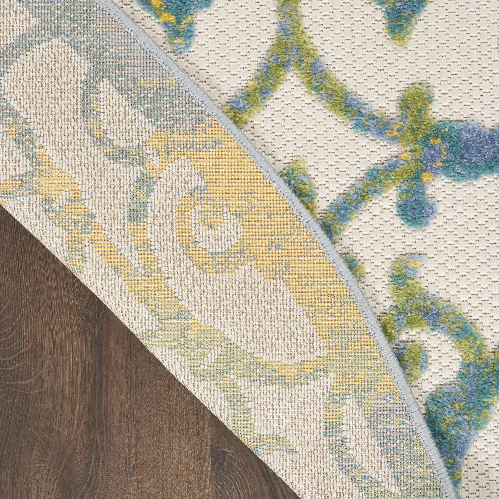 Ivory Blue Contemporary Floral Indoor-Outdoor Patio Rug