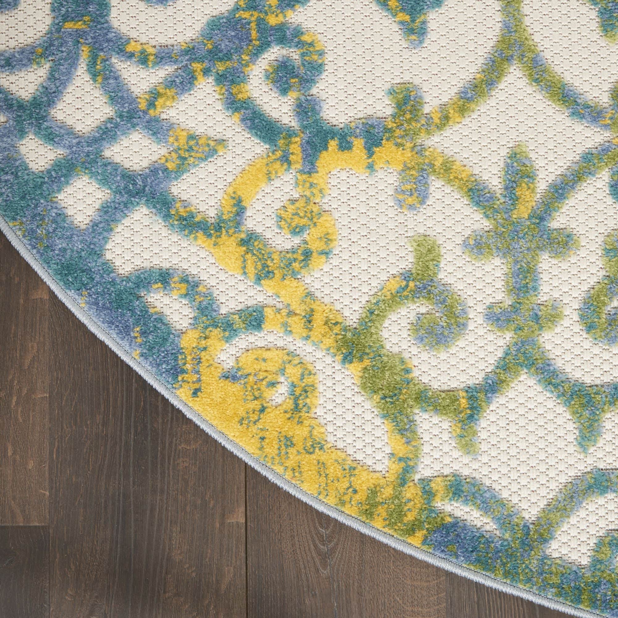 Ivory Blue Contemporary Floral Indoor-Outdoor Patio Rug