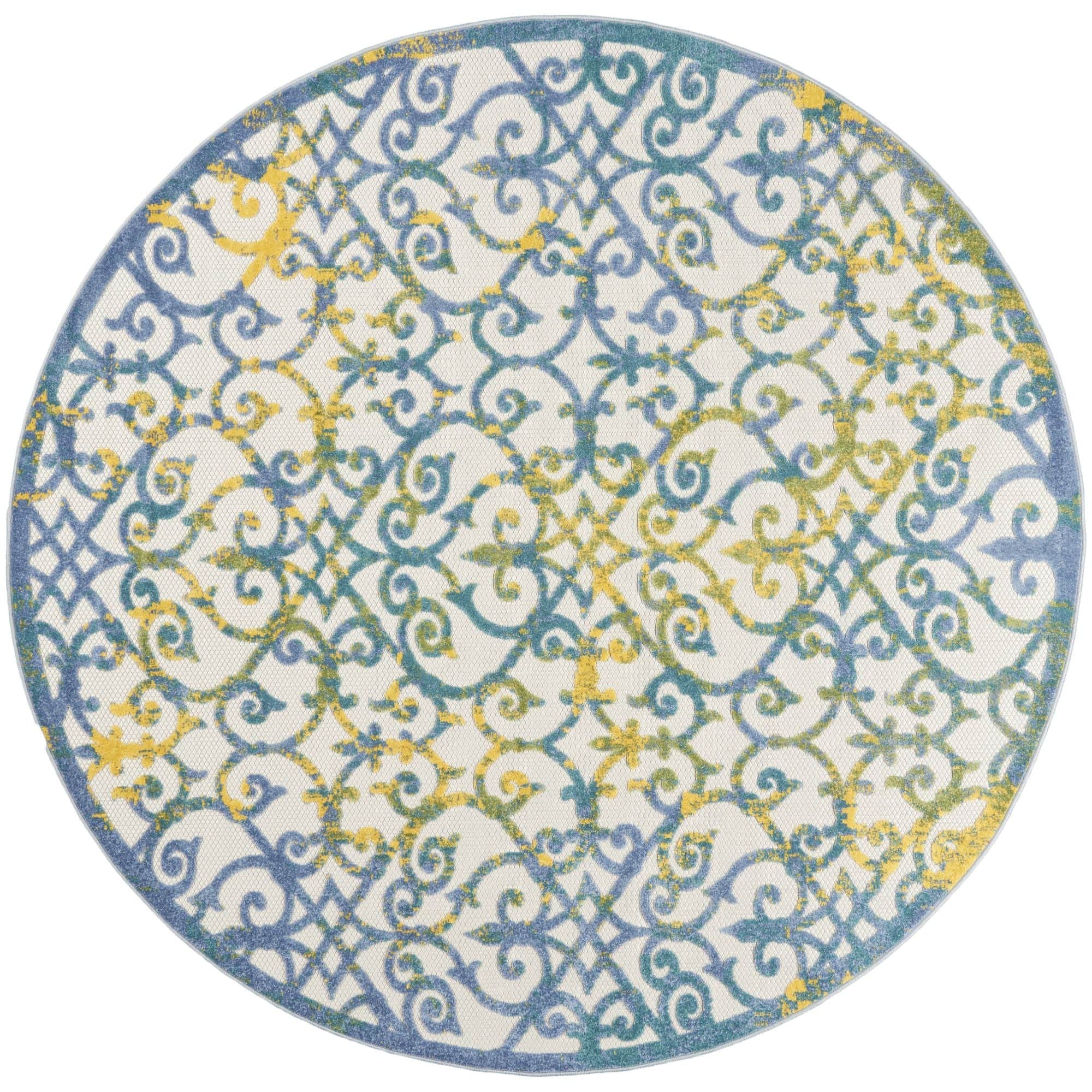Ivory Blue Contemporary Floral Indoor-Outdoor Patio Rug