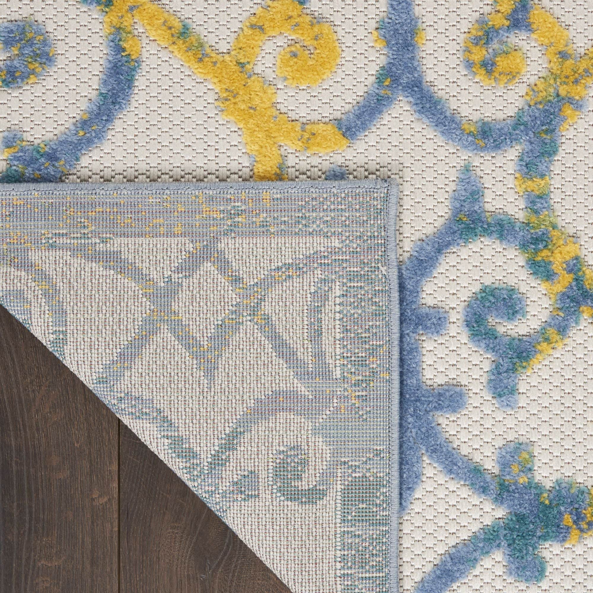 Ivory Blue Contemporary Floral Indoor-Outdoor Patio Rug