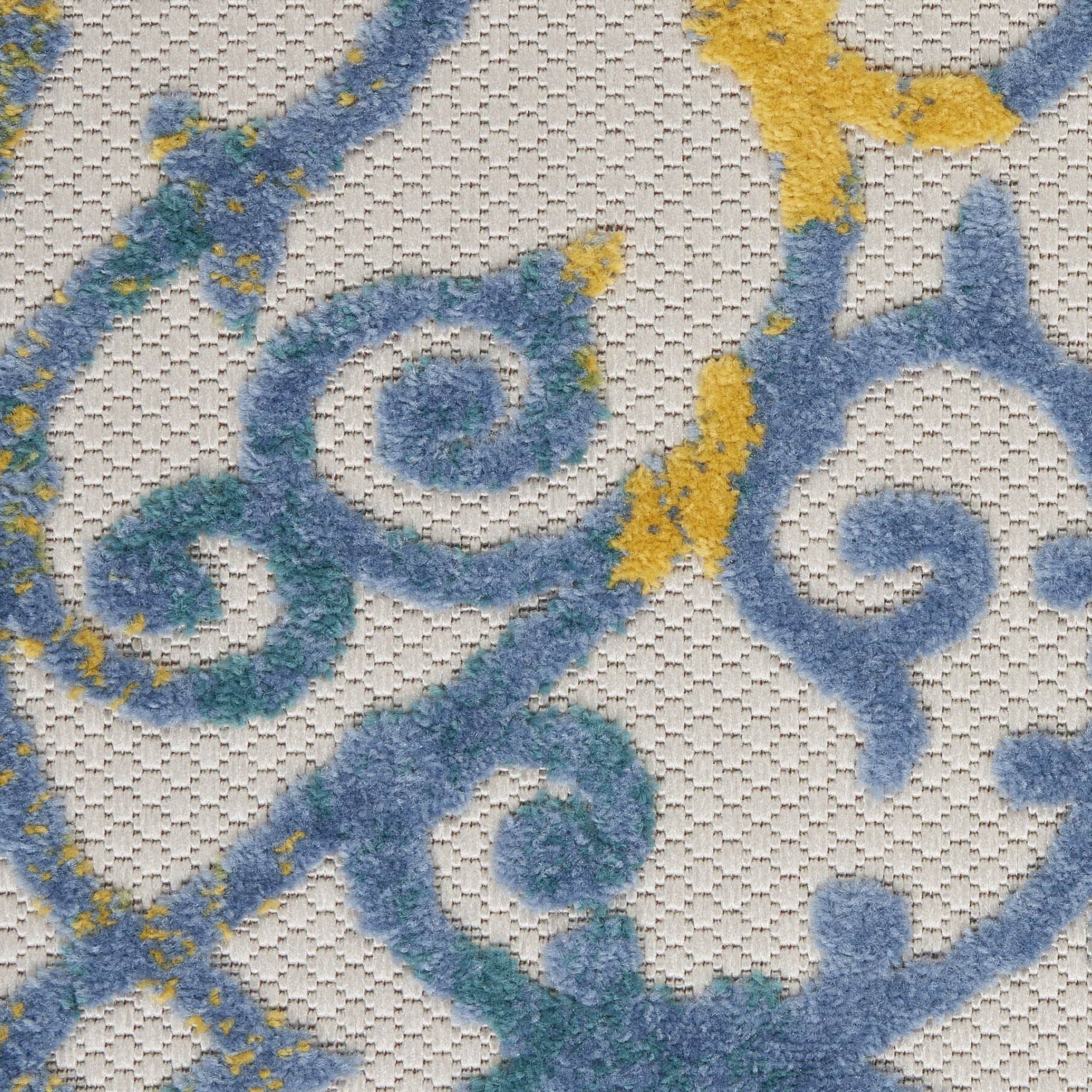 Ivory Blue Contemporary Floral Indoor-Outdoor Patio Rug