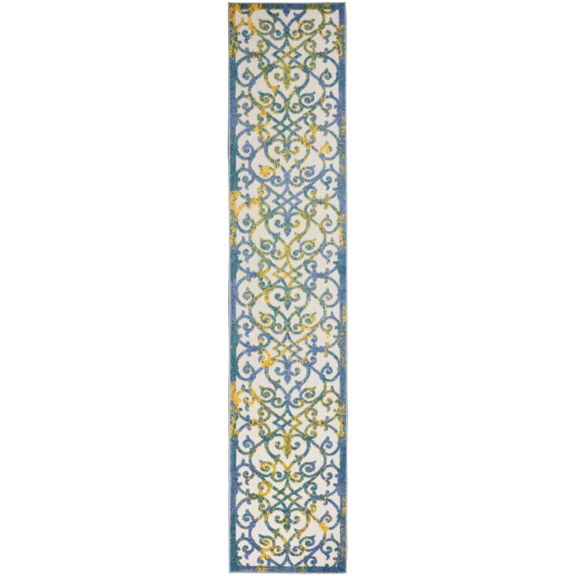 Ivory Blue Contemporary Floral Indoor-Outdoor Patio Rug
