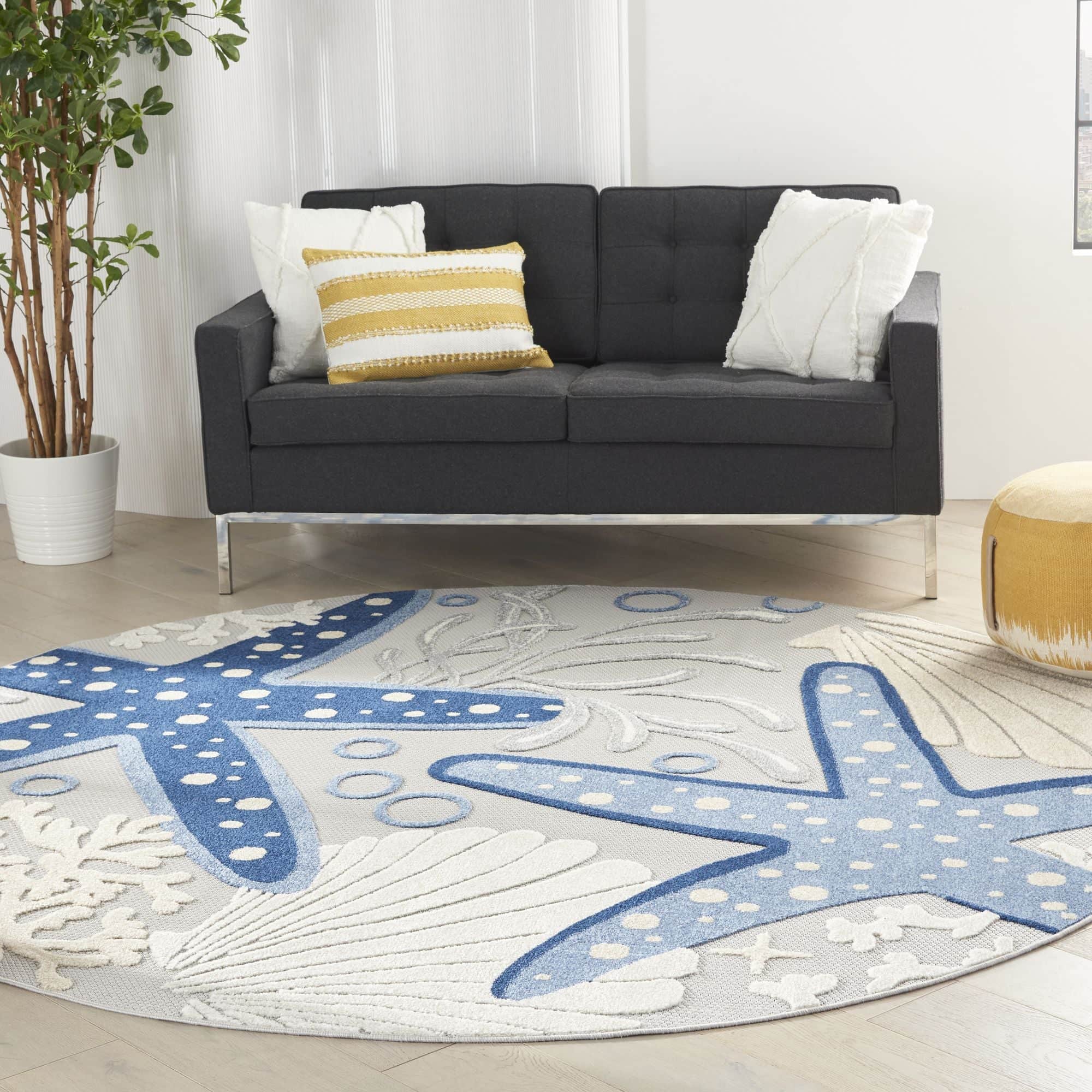 Blue Grey Coastal Indoor Outdoor Polypropylene Area Rug