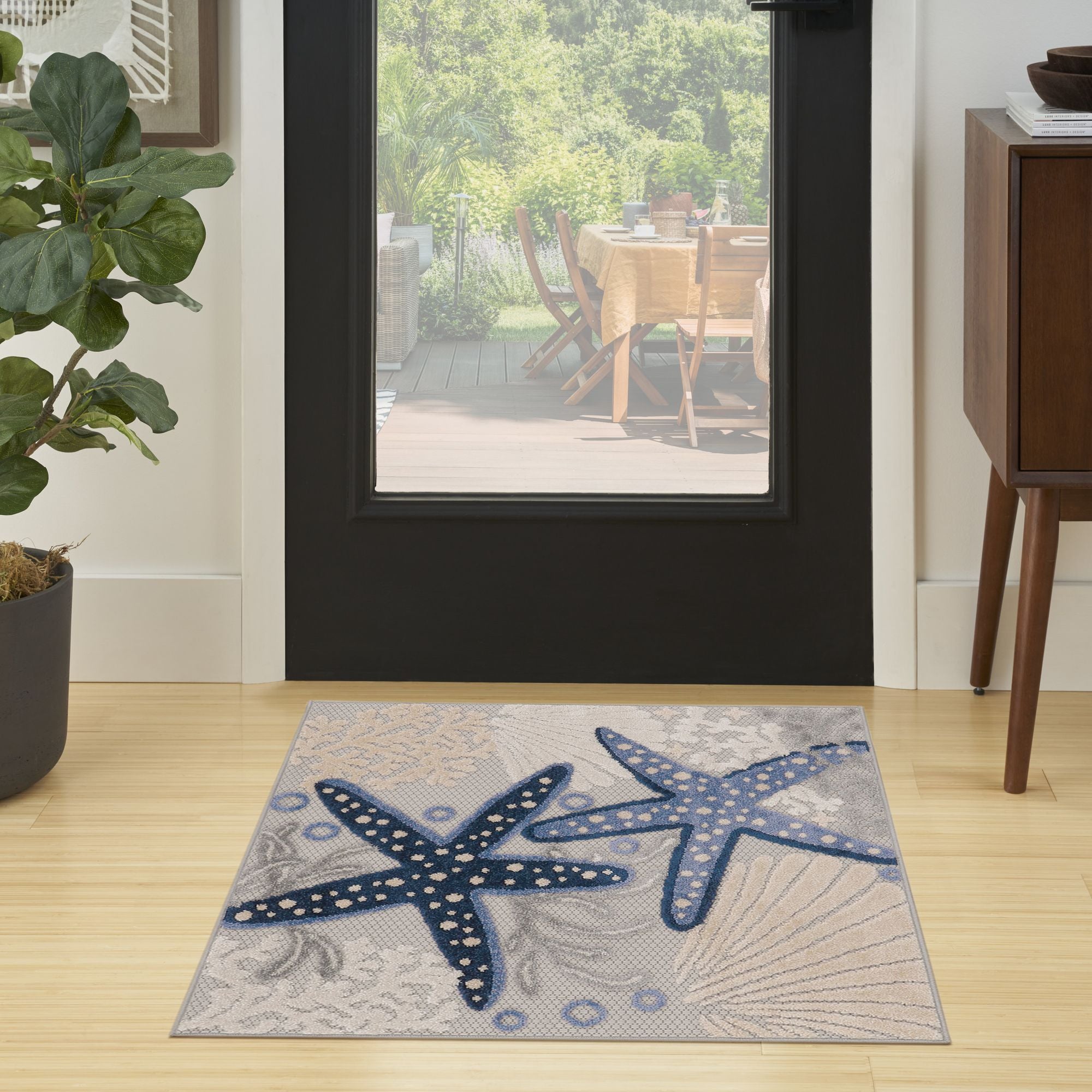 Blue Grey Coastal Indoor Outdoor Polypropylene Area Rug