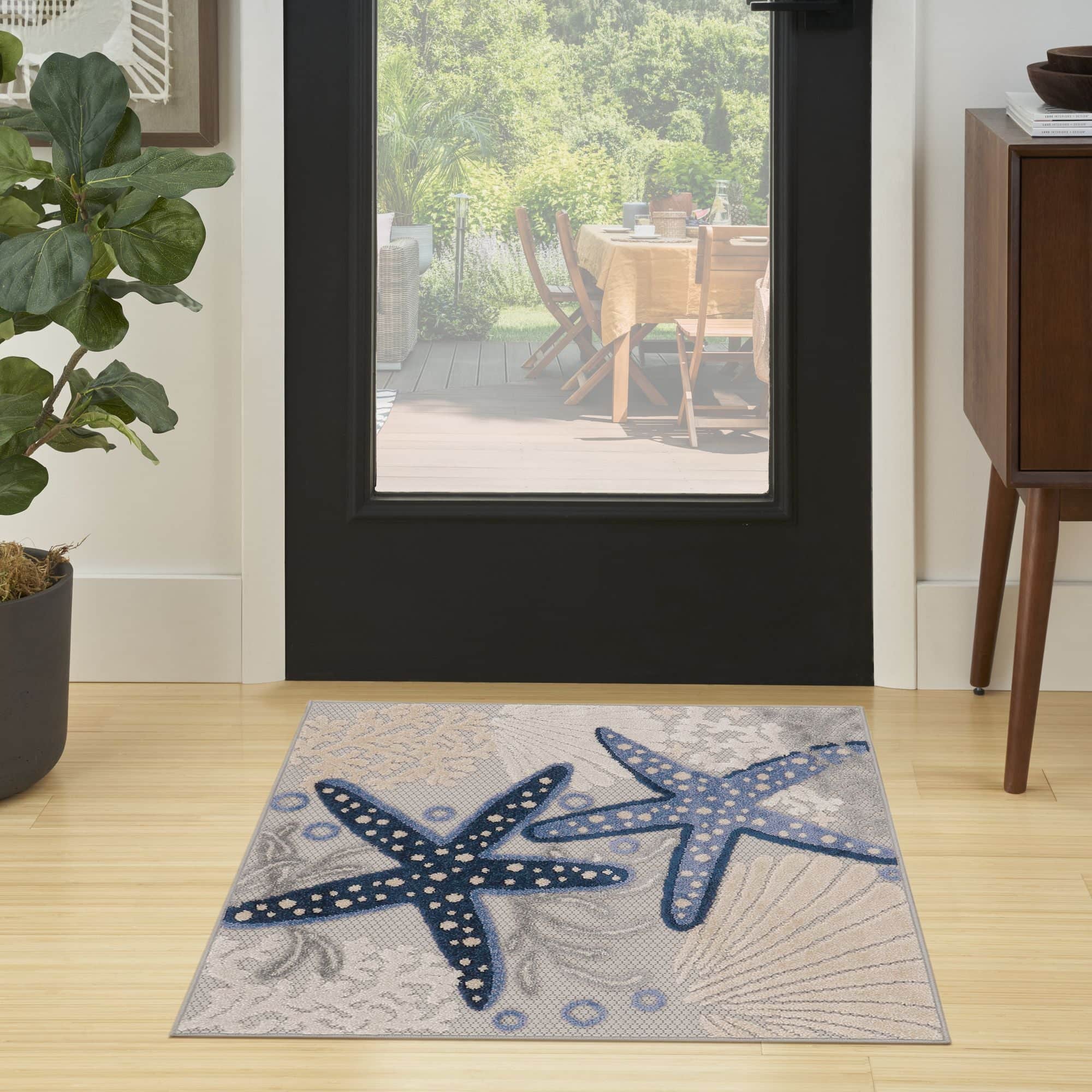 Blue Grey Coastal Indoor Outdoor Polypropylene Area Rug