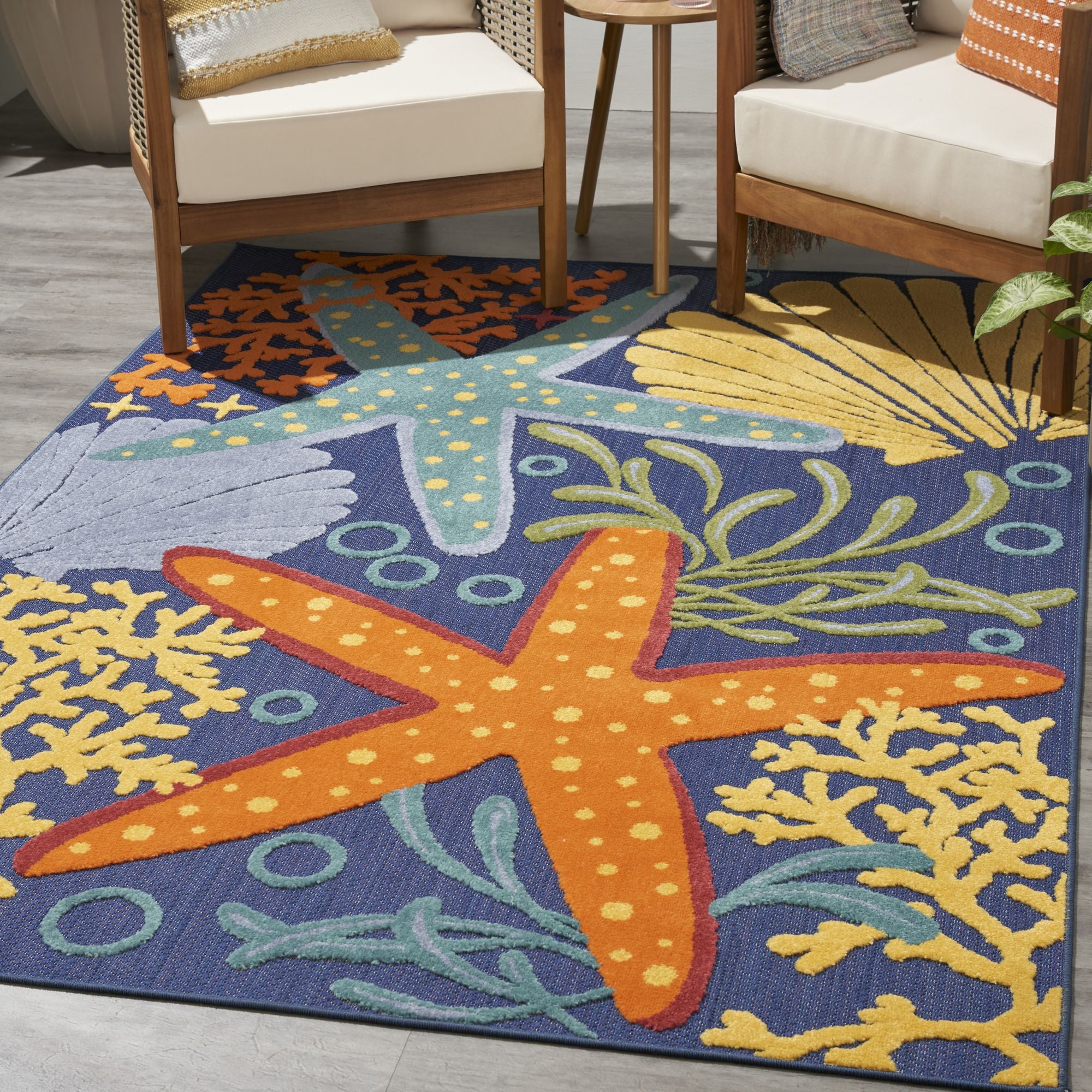 Navy Multicolor Coastal Indoor Outdoor Polypropylene Area Rug