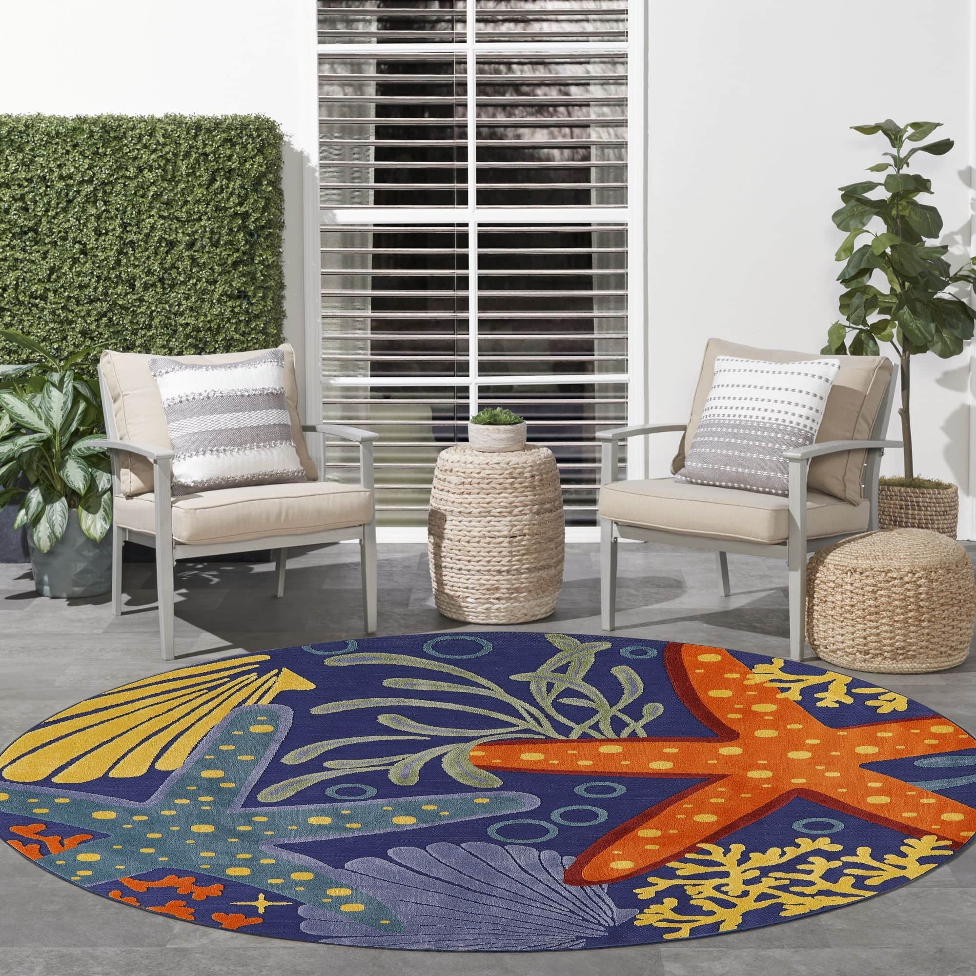 Navy Multicolor Coastal Indoor Outdoor Polypropylene Area Rug