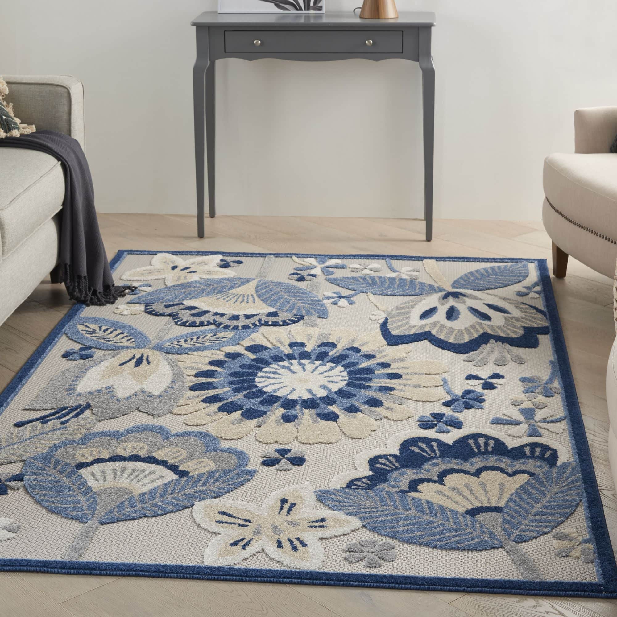 Blue Grey Contemporary Indoor Outdoor Floral Area Rug