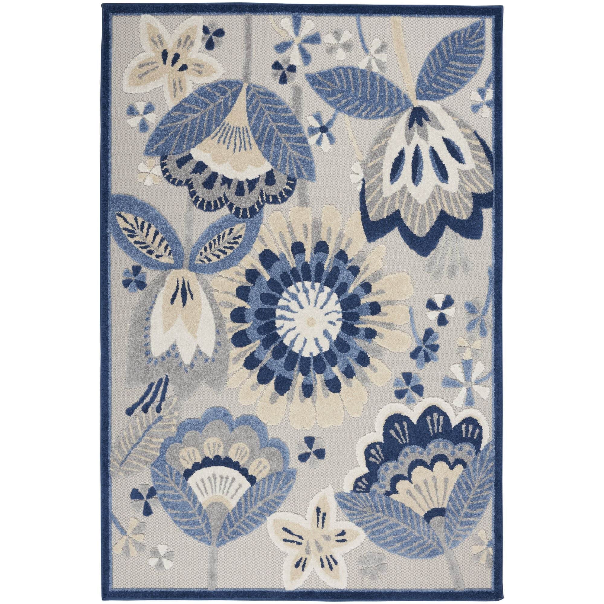 Blue Grey Contemporary Indoor Outdoor Floral Area Rug