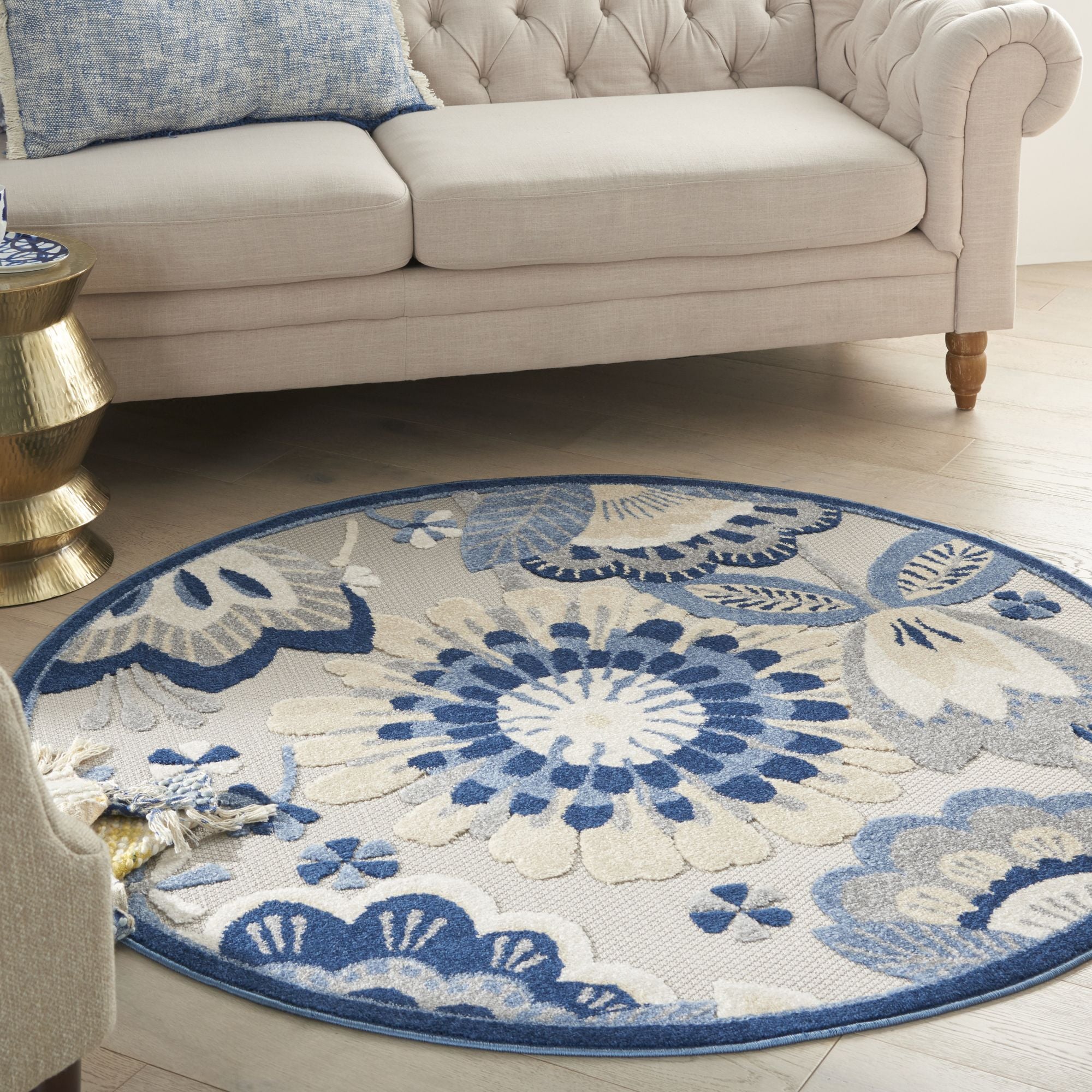 Blue Grey Contemporary Indoor Outdoor Floral Area Rug