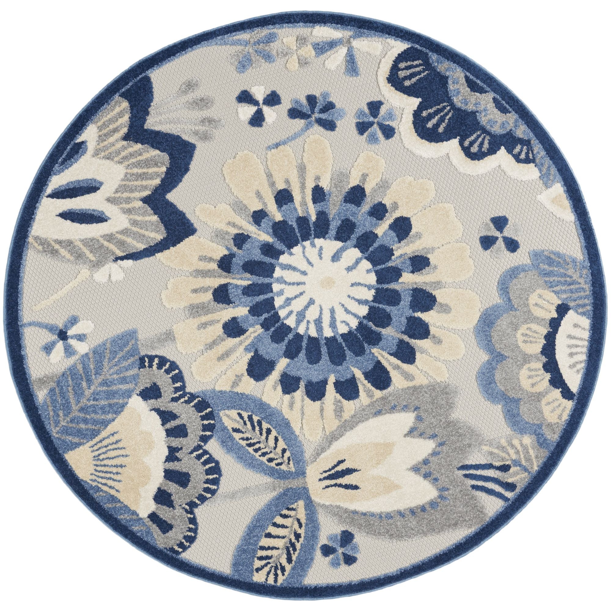 Blue Grey Contemporary Indoor Outdoor Floral Area Rug