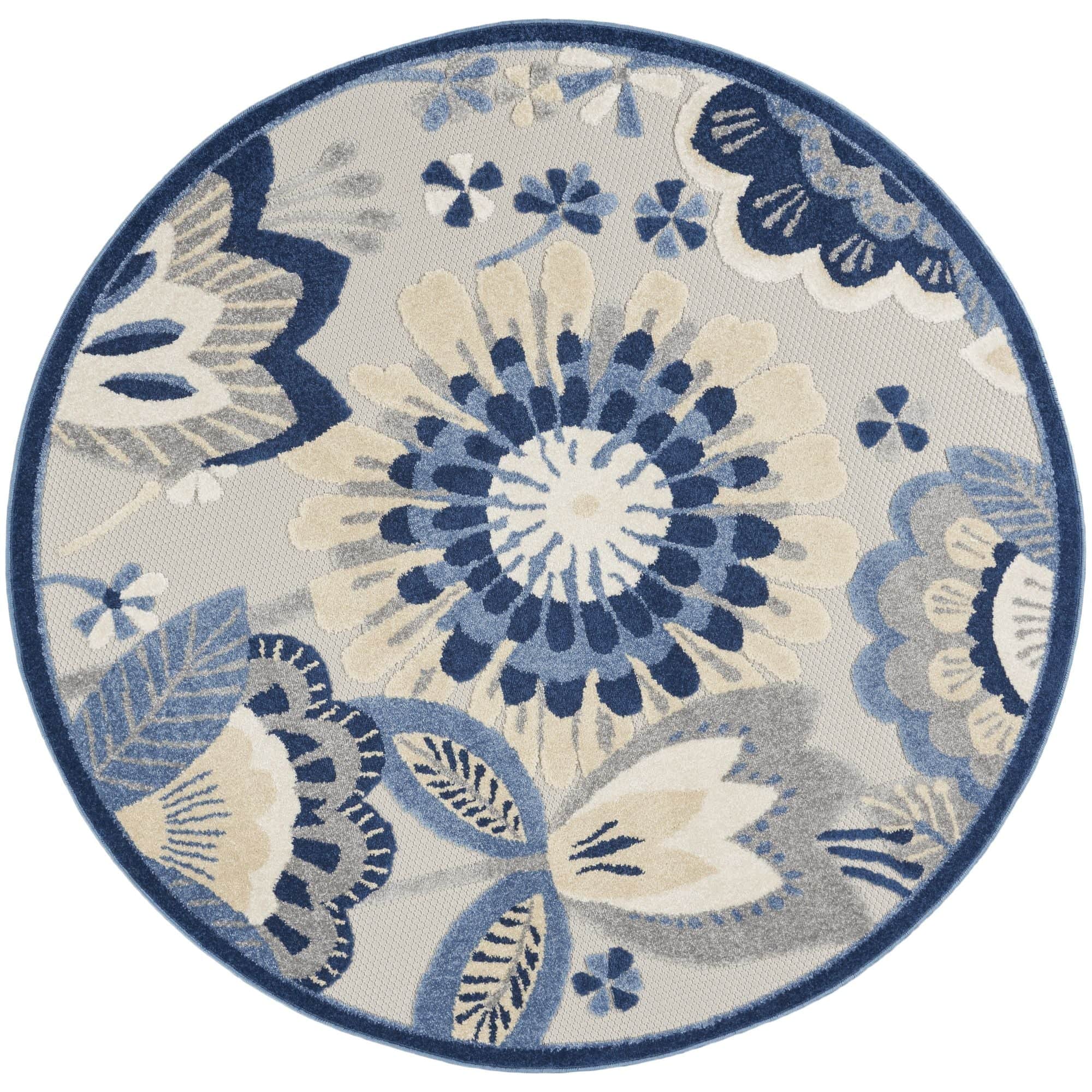 Blue Grey Contemporary Indoor Outdoor Floral Area Rug