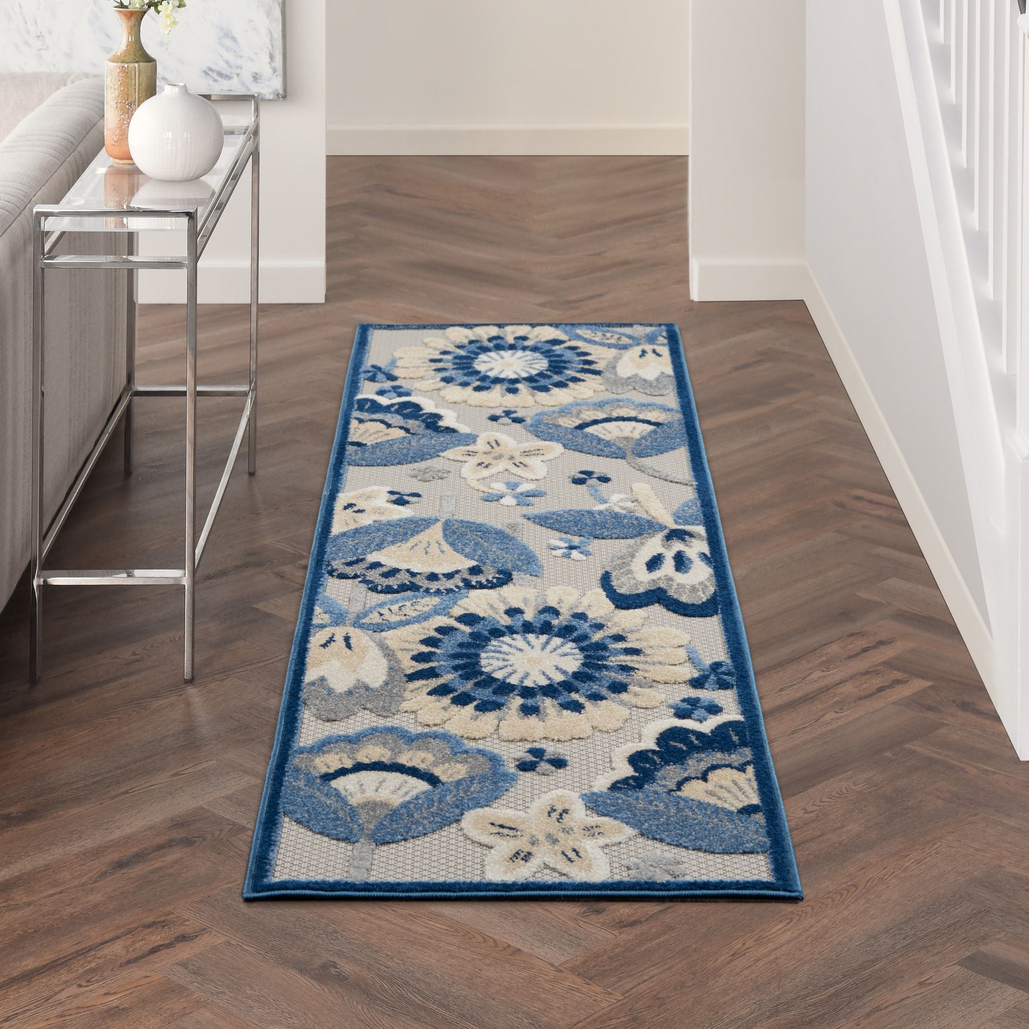 Blue Grey Contemporary Indoor Outdoor Floral Area Rug
