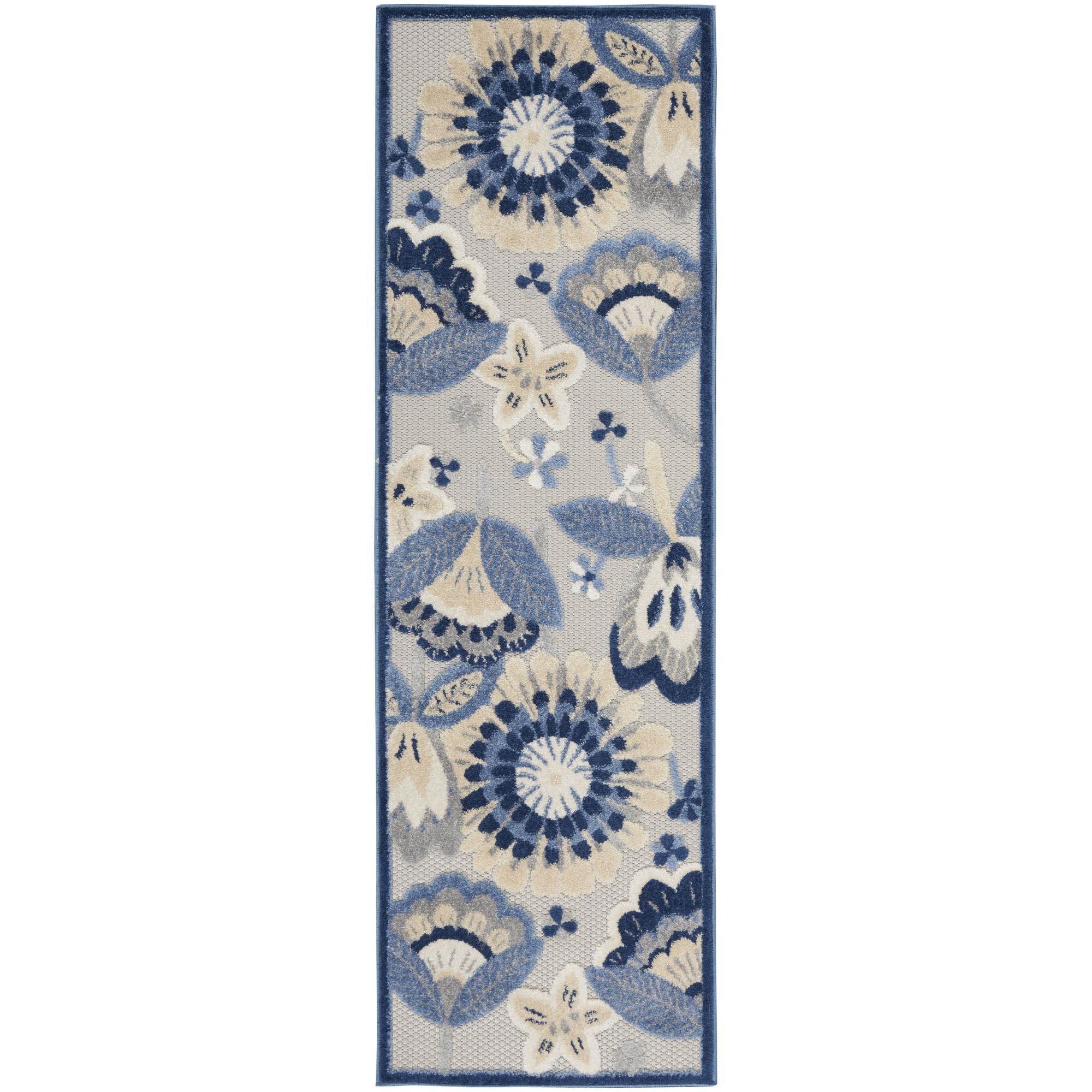 Blue Grey Contemporary Indoor Outdoor Floral Area Rug