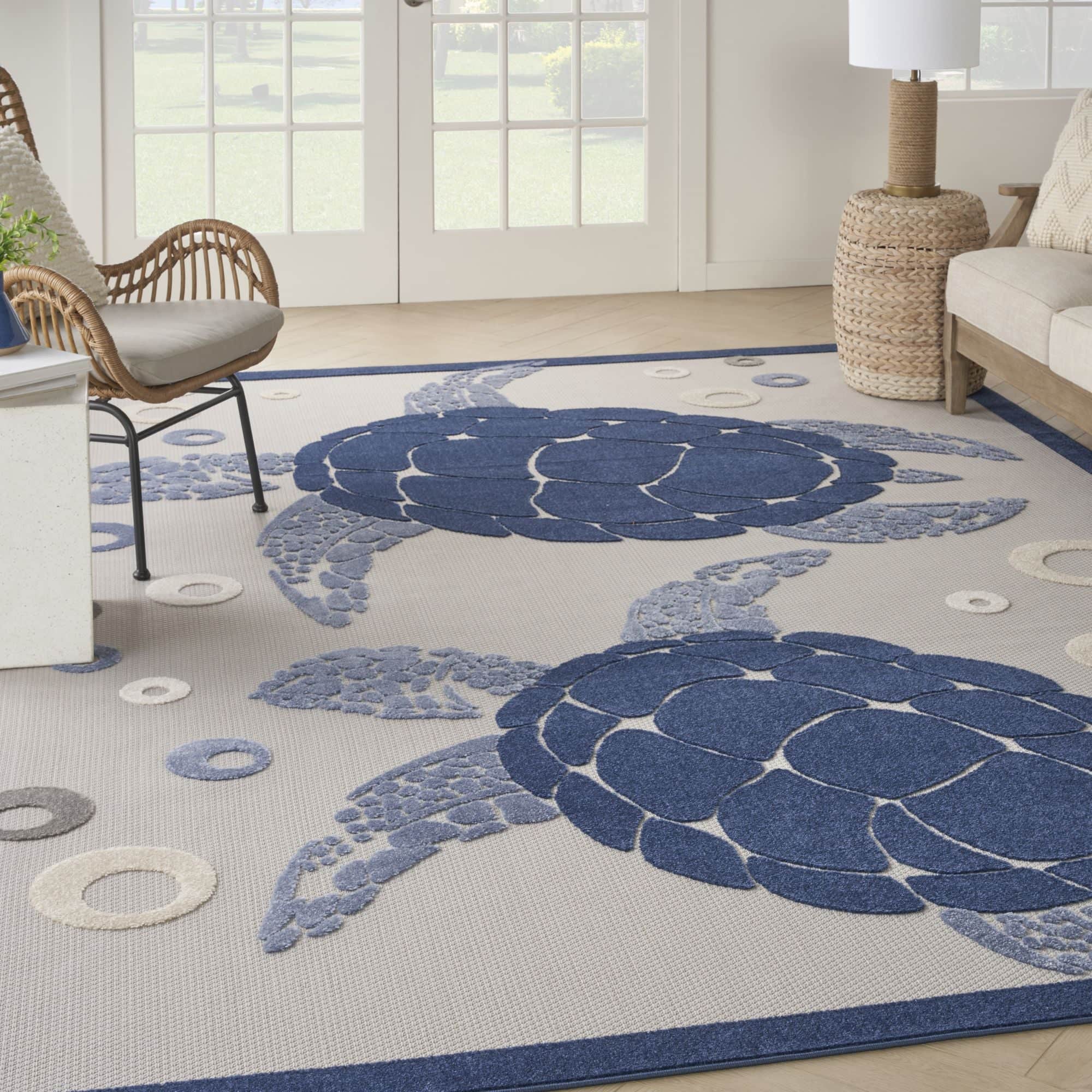 Navy Blue Nautical Sea Turtle Indoor-Outdoor Area Rug