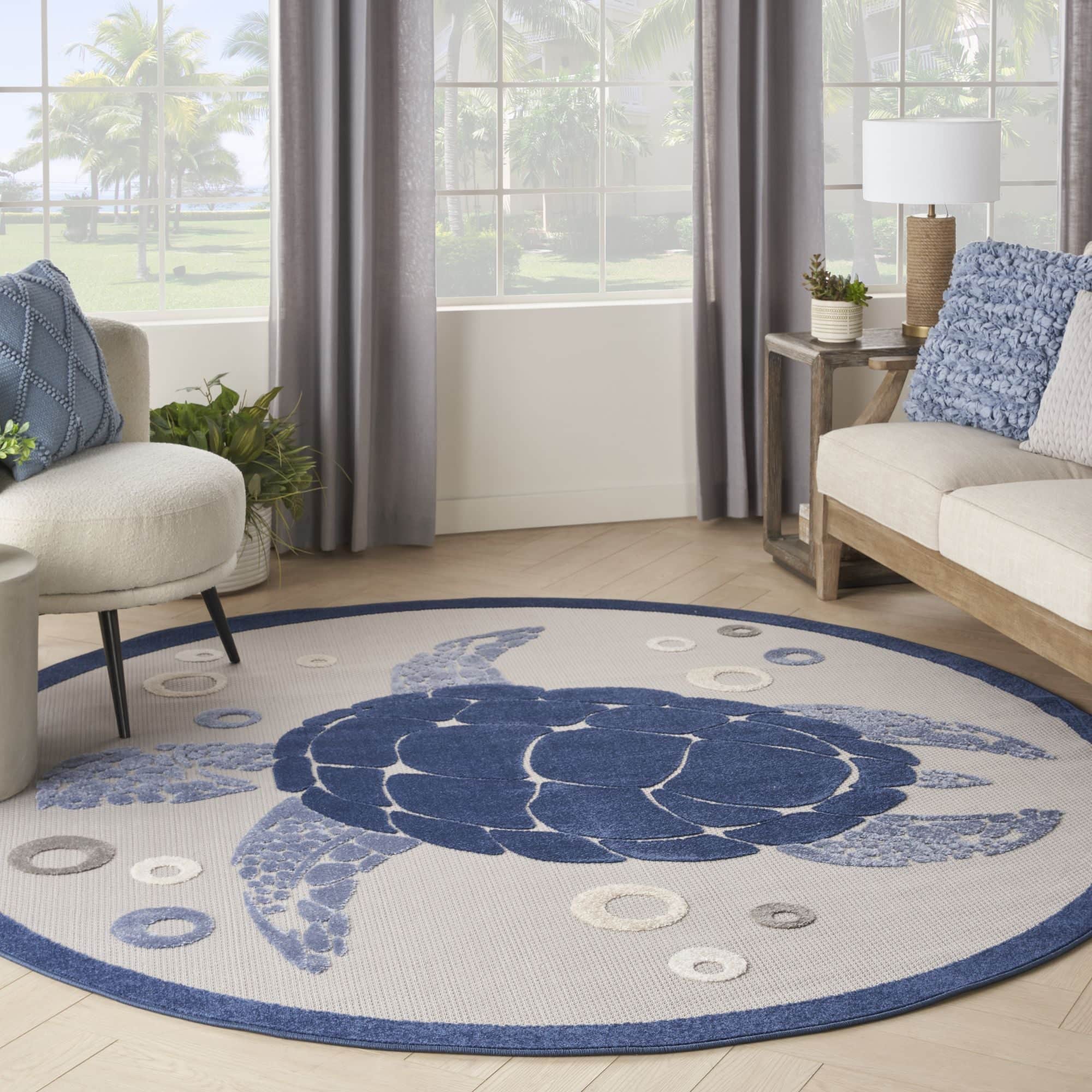 Navy Blue Nautical Sea Turtle Indoor-Outdoor Area Rug