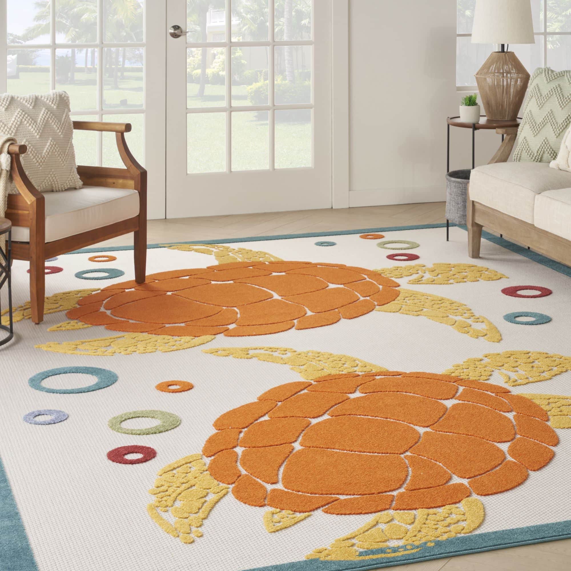 Teal Multicolor Nautical Sea Turtle Indoor-Outdoor Area Rug