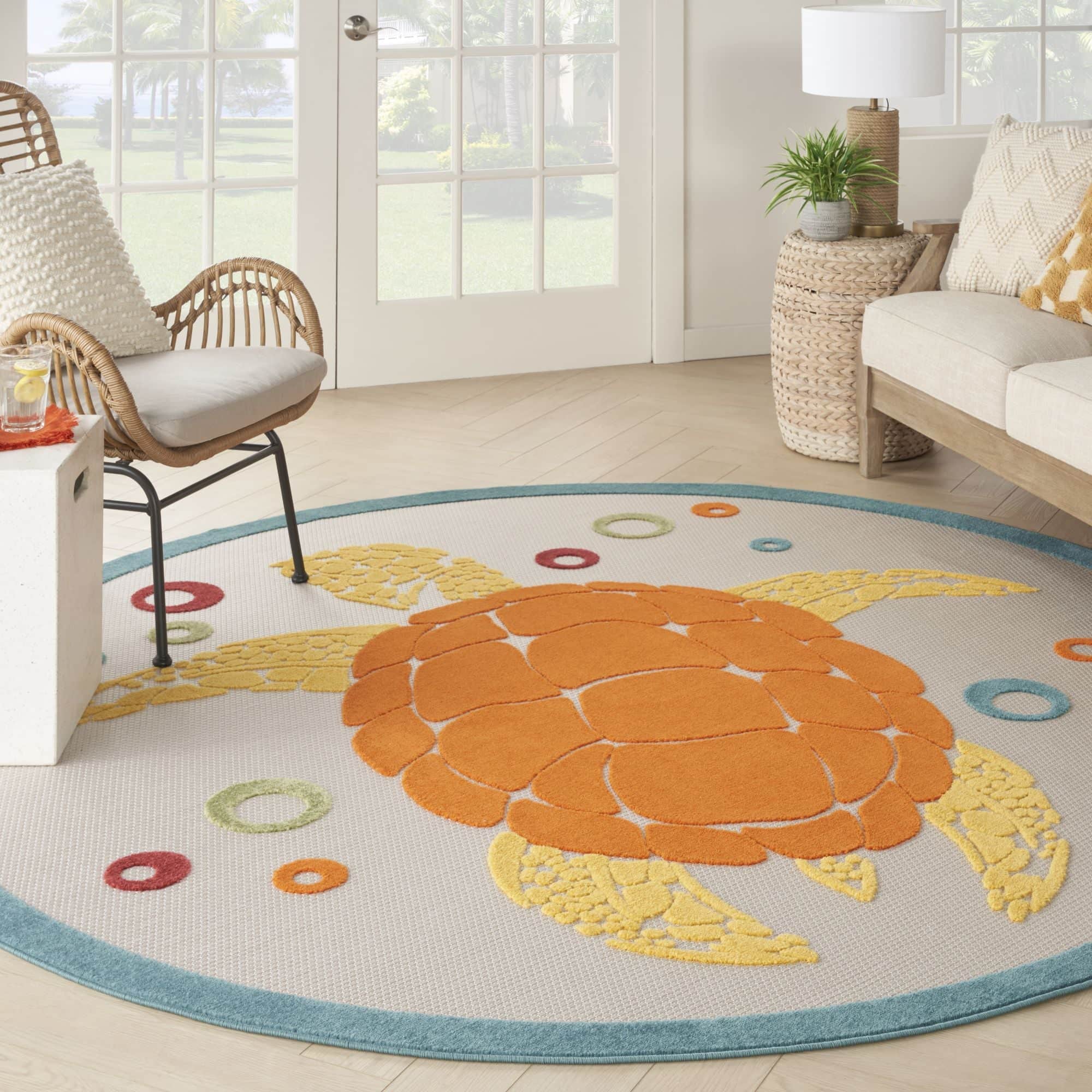 Teal Multicolor Nautical Sea Turtle Indoor-Outdoor Area Rug