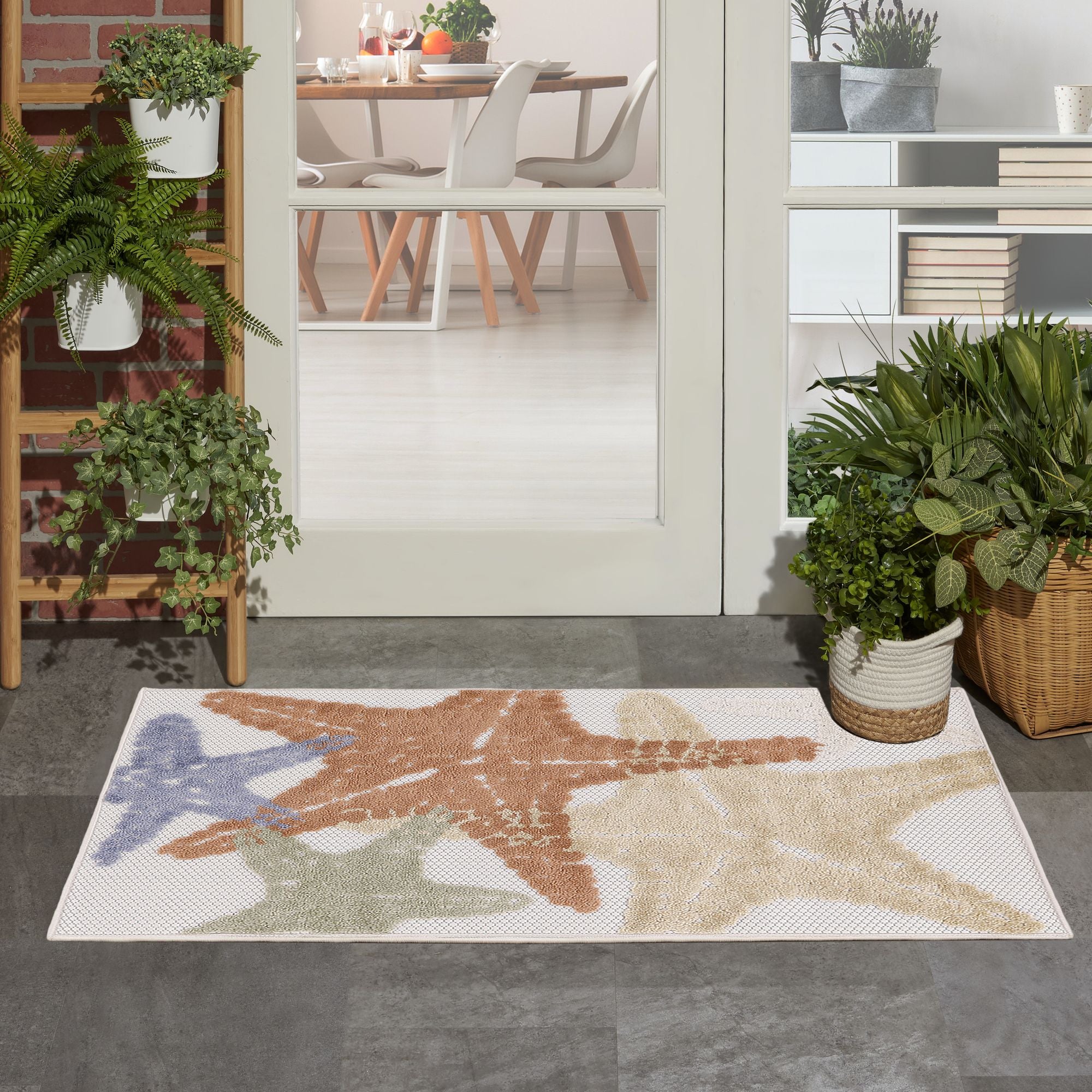Ivory Multicolor Indoor Outdoor Starfish Pattern Rug