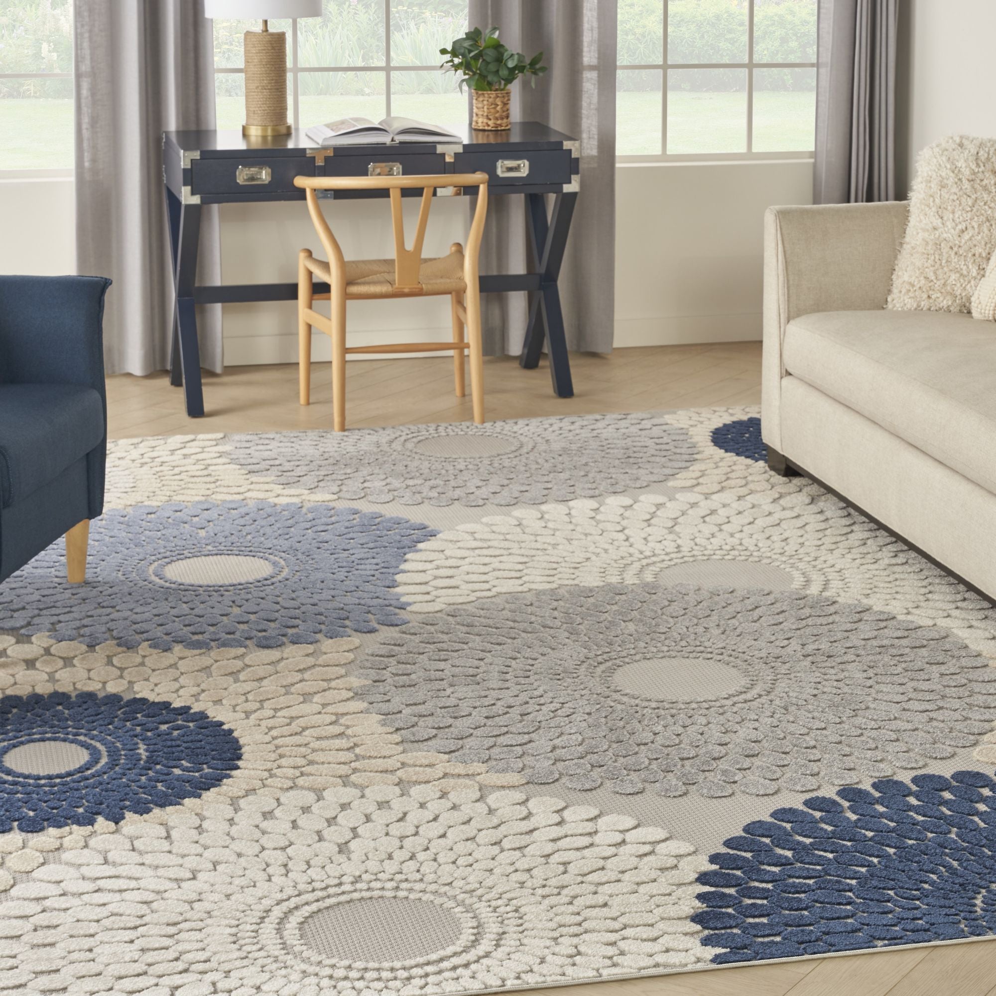 Blue Grey Geometric Indoor Outdoor Area Rug