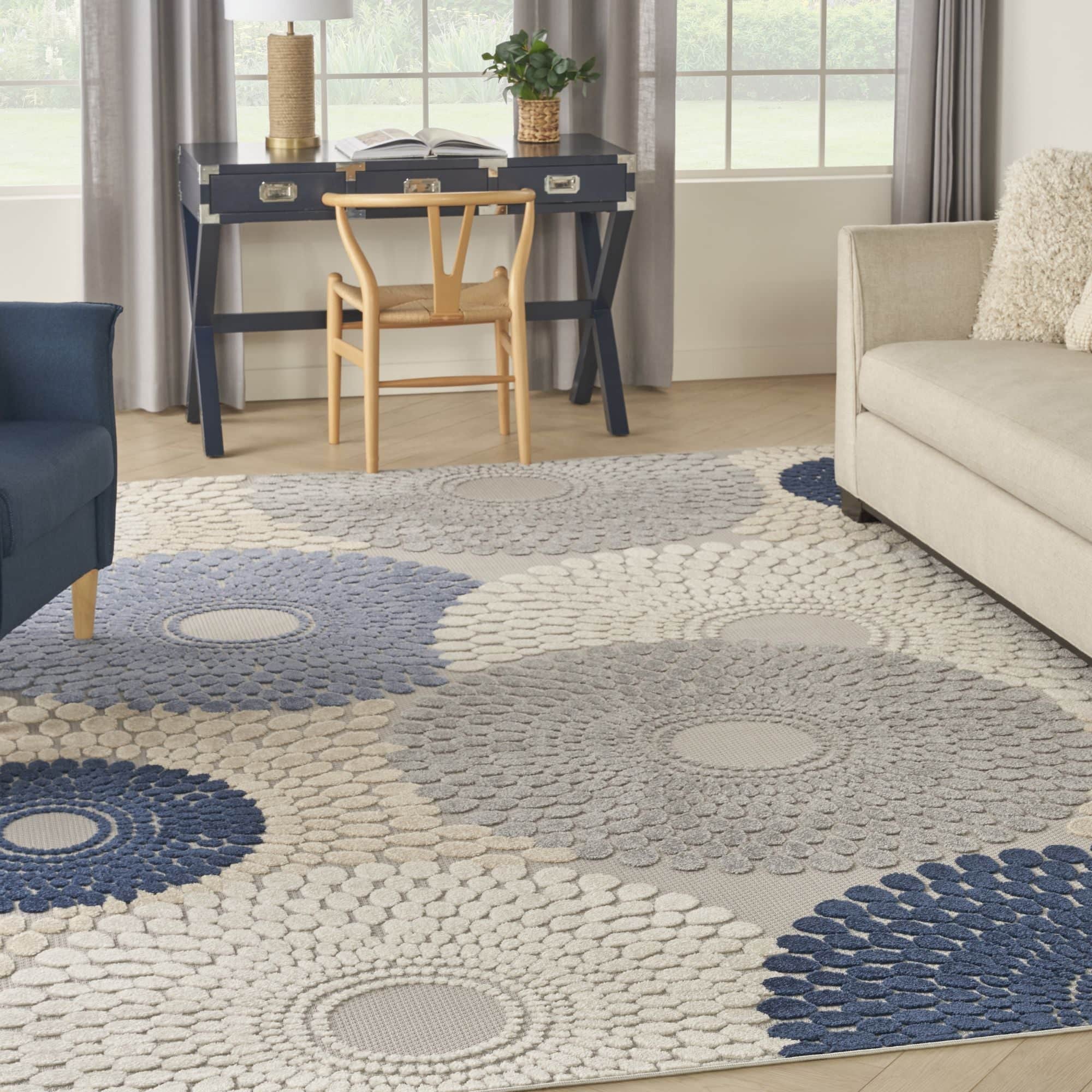 Blue Grey Geometric Indoor Outdoor Area Rug