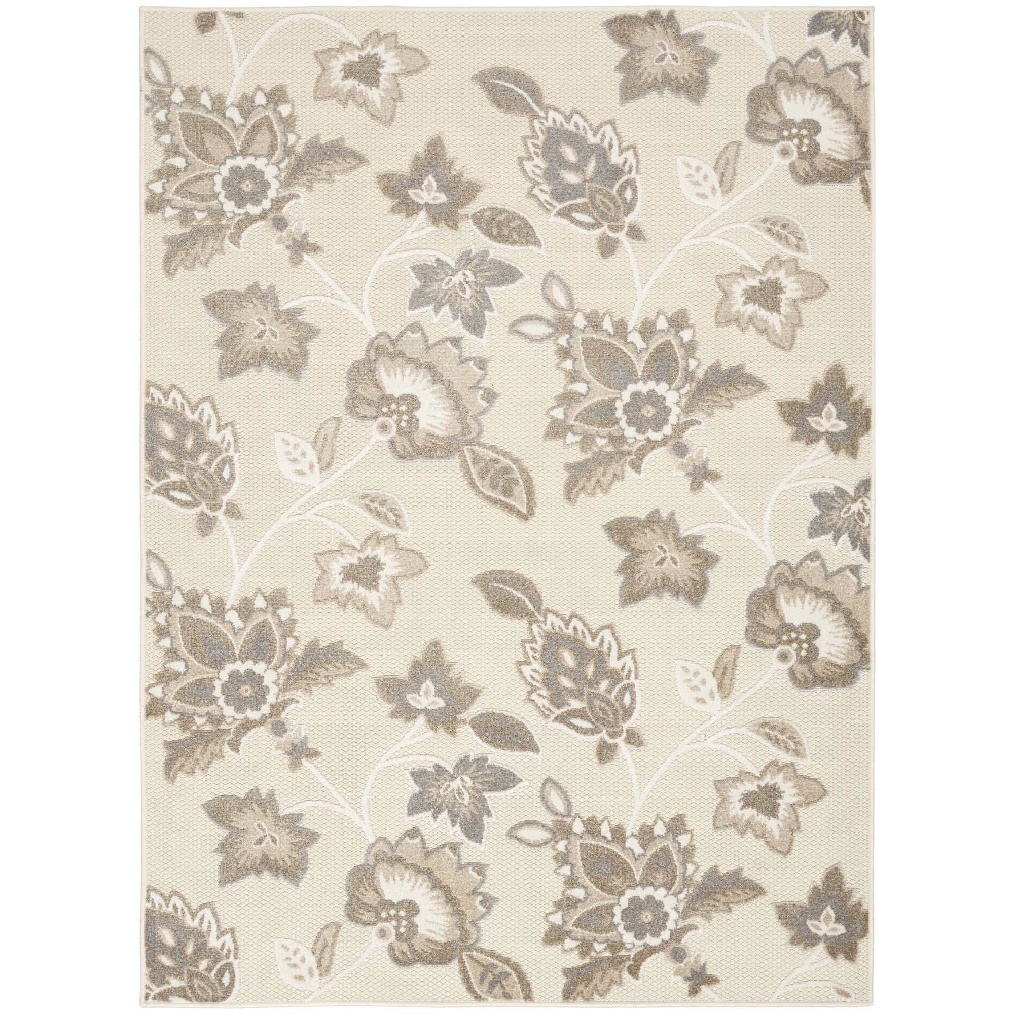 Beige Farmhouse Floral Indoor Outdoor Rug