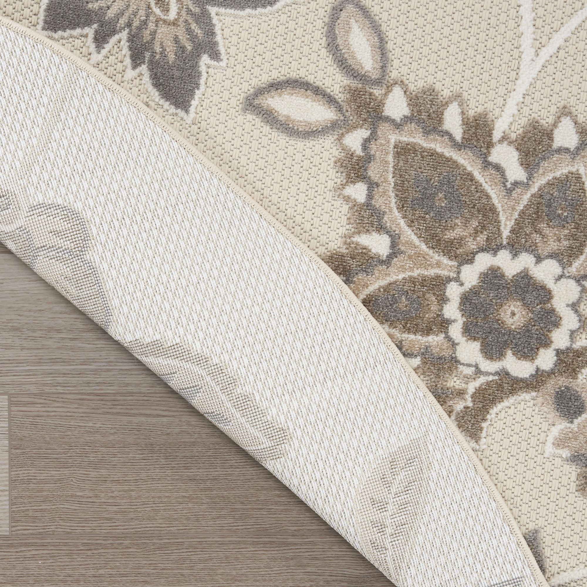 Beige Farmhouse Floral Indoor Outdoor Rug