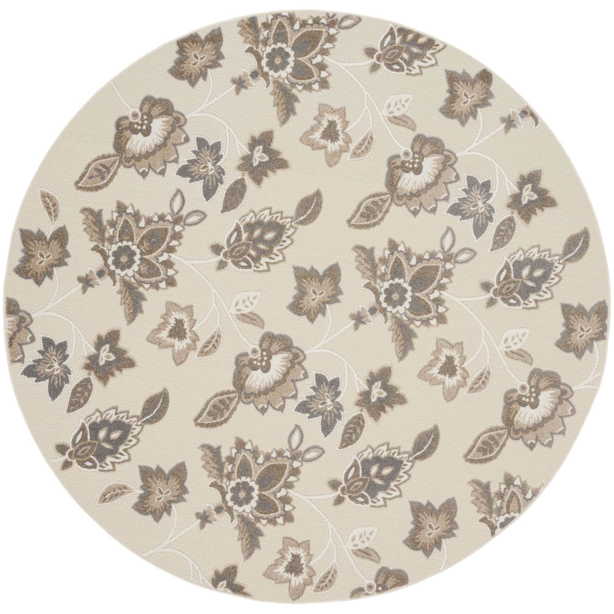 Beige Farmhouse Floral Indoor Outdoor Rug