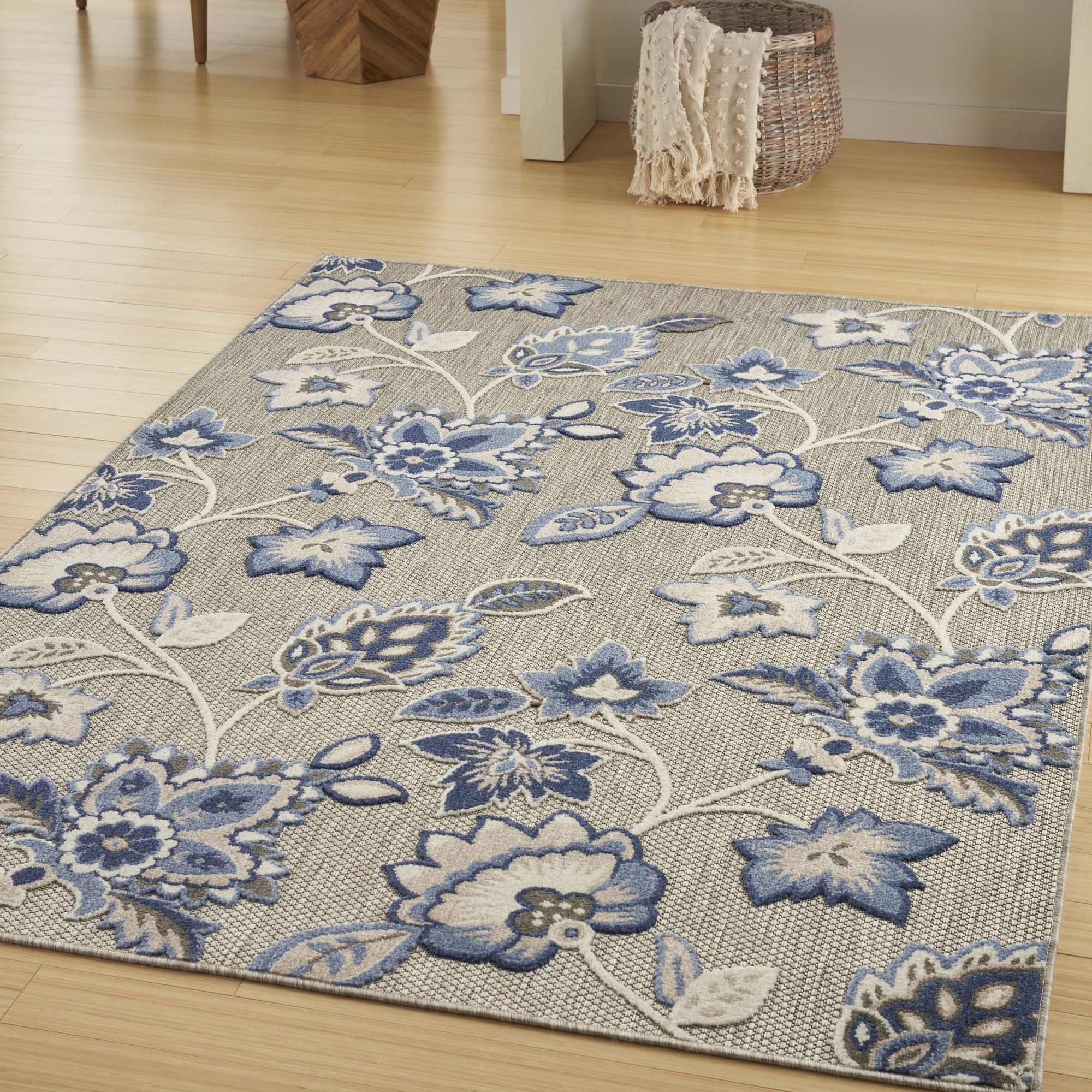 Blue Grey Farmhouse Floral Indoor Outdoor Rug