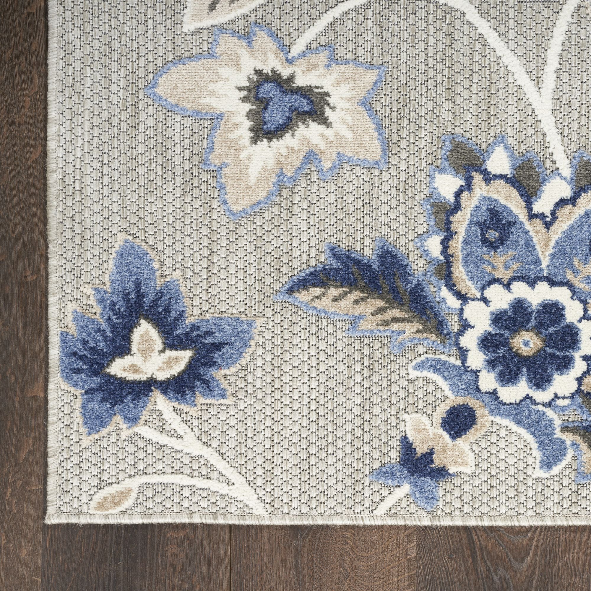 Blue Grey Farmhouse Floral Indoor Outdoor Rug